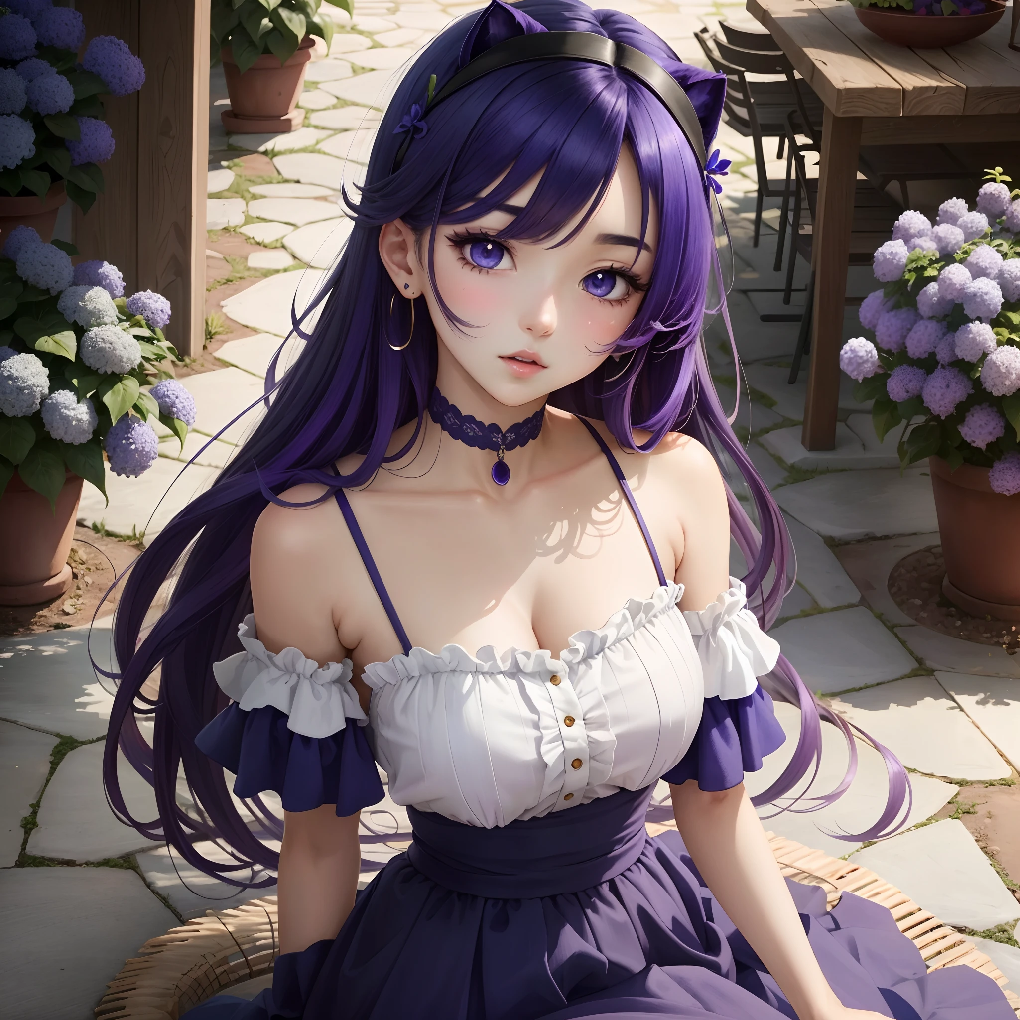 1girl, Ai Hoshino_(Oshi no Ko), centered girl, perfectly body, perfectly hands, solo, jewelry, lavender, rabbit jewel on her hair, ornament hair, twintails, rabbit jewel on her hair, purple hair, long hair, long flowing hair, floating hair, ornament hair, perfectly body, perfectly hands, garden scenery, magenta rose on hair, Looking at the audience, flowing hair, Beautiful Eyes, Plump and glossy lips, maid, maid dress, maid headdress, maid apron, white apron, dress with too many frills, white dress, magenta laces, white Short skirt, small skirt, skirt with layers, Drape clothes, magenta gem, Lace trim, bright stage in the garden, luxury gold details, gold jewelry, more details, best quality, Big sparkling eyes, blushing, black Striped Lace Stockings, white Lolita skirt, sparkle, solo, centered girl, cowboy shot, lace garter, perfectly body, perfectly hands, two arms, two legs, two hands, five fingers, perfect anatomy, glowing hair, magenta roses, in garden, sparkles, more details on her clothes, dress with transparency, magenta details on her dress, night ((4k, masterpiece, top-quality)), 8k, best quality, high resolution, UHD, (illustration:0.8), super cute girl, delicate and beautiful face, mature girl, super cute hairstyle, (beautiful detailed eyes:1.6), extremely detailed face, perfect lighting, extremely detailed CG, (perfect hands, perfect anatomy), Best quality, cleavage