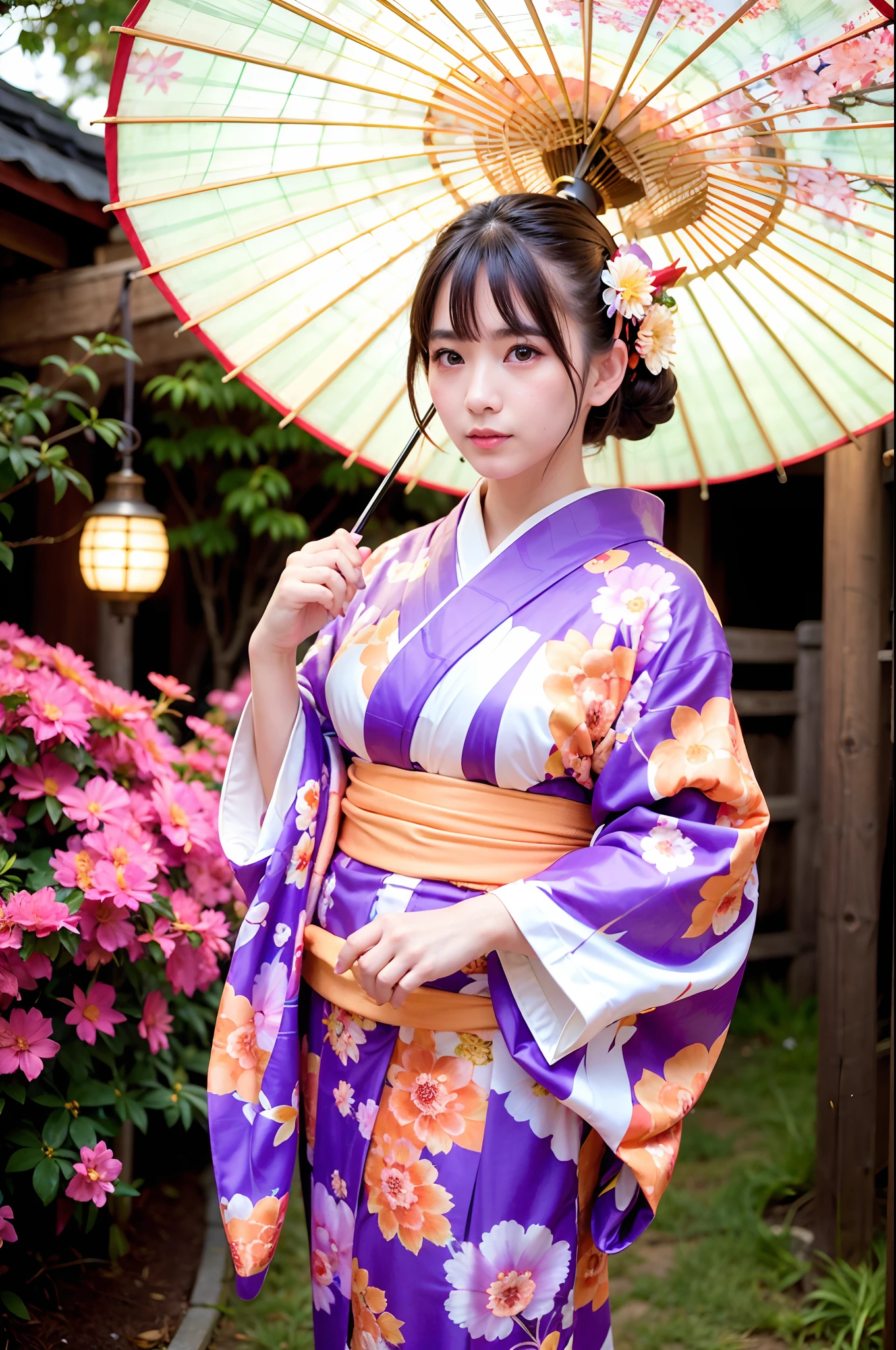 woman, (wearing colorful kimono_clothes:1.3), holding umbrella, 
good hand,4k, high-res, masterpiece, best quality, head:1.3,((Hasselblad photography)), finely detailed skin, sharp focus, (cinematic lighting), night, soft lighting, dynamic angle, [:(detailed face:1.2):0.2], medium breasts, outside,