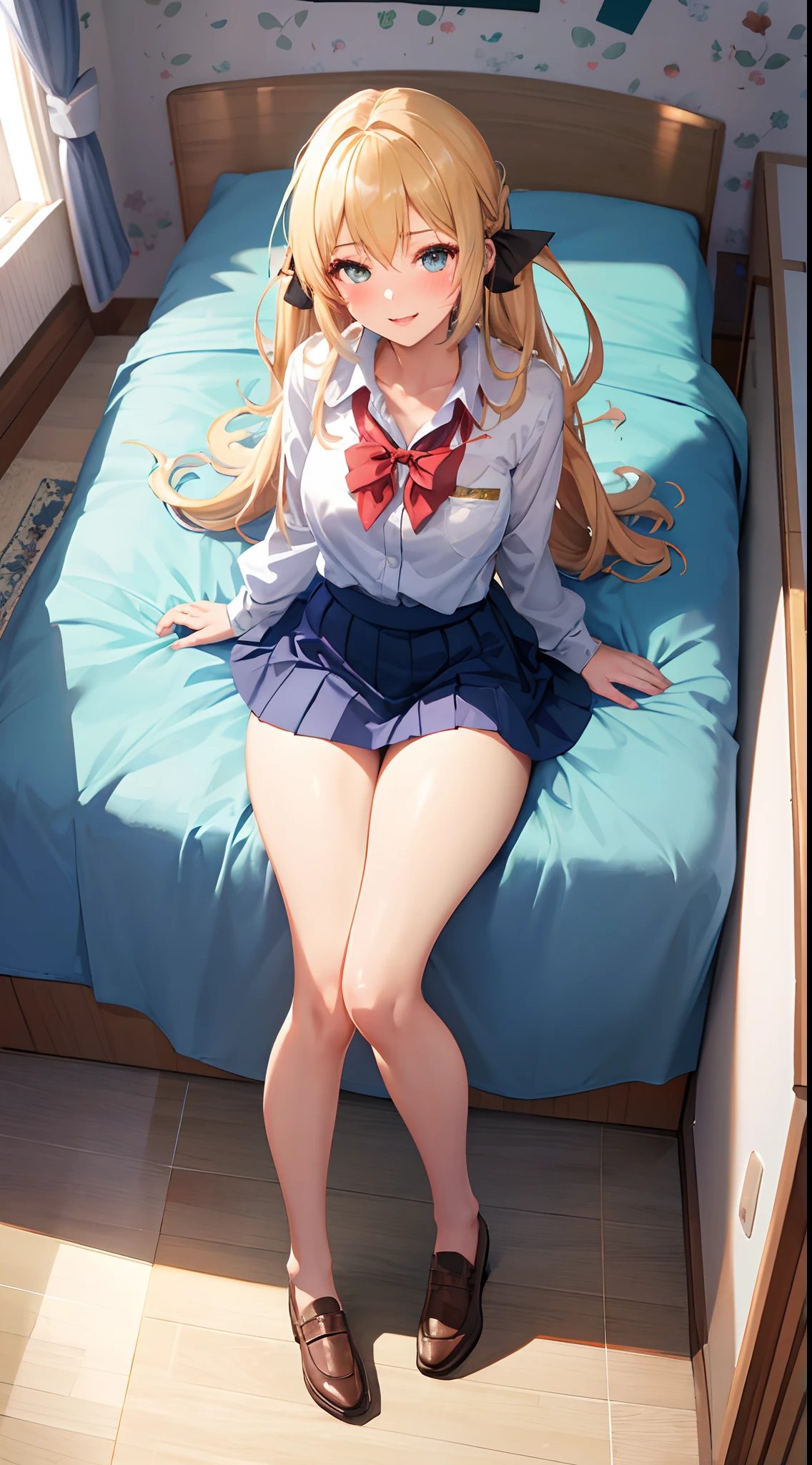 (knees together feet apart, sitting, panties, pantyshot), tsukino usagi, Blonde, Long Hair, Chignon, blue eyes, on bed, bedroom,