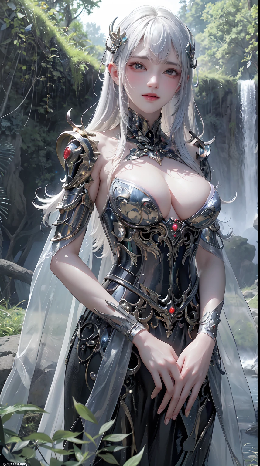 masutepiece, Best Quality, 8K, hight resolution, Ultra-detailed, In the midst of lush greenery、Scene of a waterfall cascading down a high cliff, adorned by vibrant flowers, towering pines, and delicate bamboo groves,No humans, Sakura, beautful view, Ultra-detailed, fine detailed, Highly detailed, Convoluted, Highly detailed, Ultra-detailed, Scenery,No humans, Lush Mountains々, A meandering river, foggy atmosphere, Solitary, Intricate details, Delicate features, leafy tree々, blooming flowers, druid's circle, soft moss, Deep forest, intricate leaves and vines, wisps of light, still pool of water, Pristine, verdant green, A picturesque scene of a waterfall cascading down a high cliff amongst lush greenery, adorned by vibrant flowers, towering pines, and delicate bamboo groves.Close-up of robot with red eyes and sword, movie still of a villain cyborg, Inspired by Raymond Swanland, wearing witchblade armor, movie still of a alien cyborg, style of raymond swanland, Crysisnanosuit, intricate assasin mecha armor, face of an armored villian, movie still of a cool cyborg