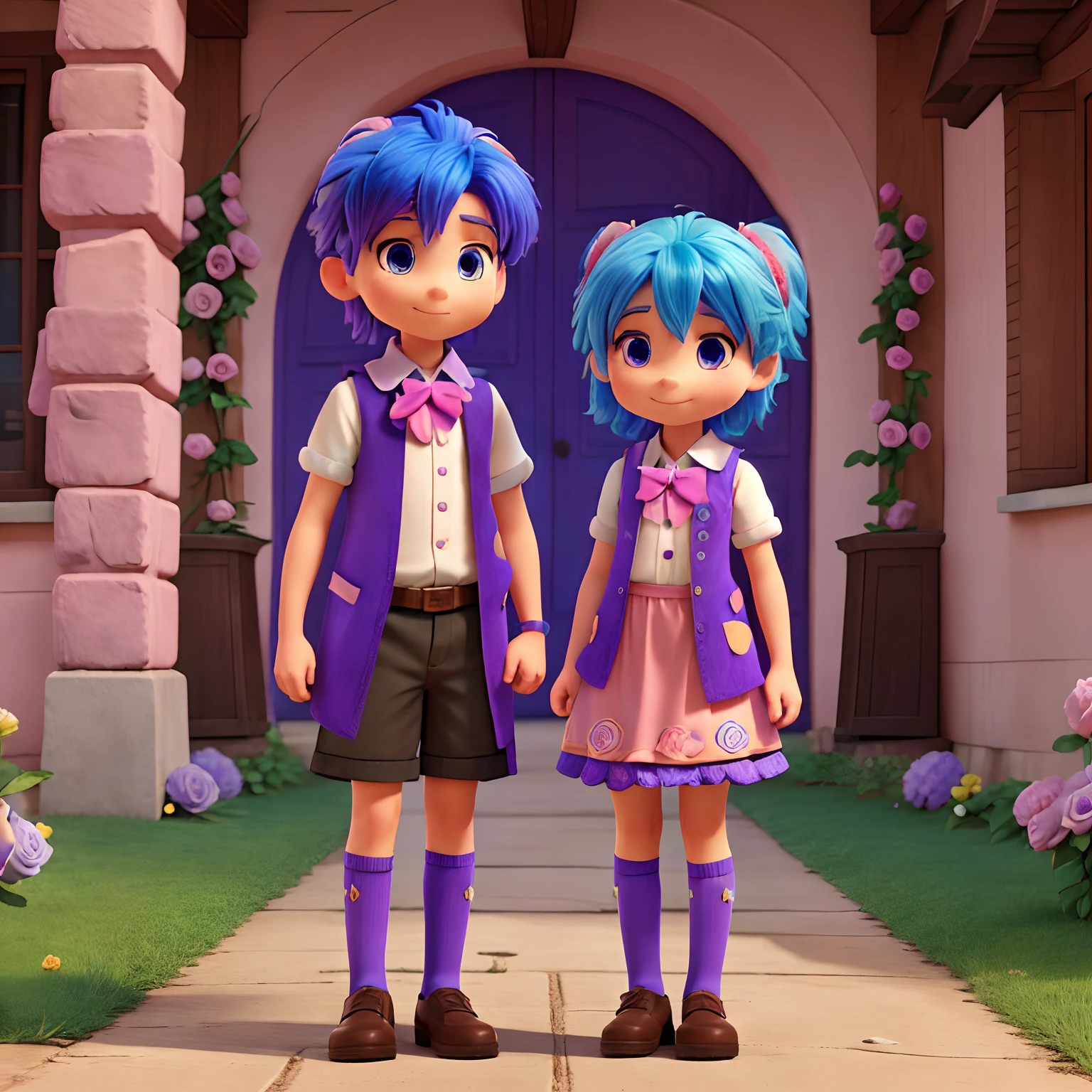 two blue haired twins as purple servants, a girl twin with pink-tails, she has roses and ribbons all over her outfit and looks happy. a boy twin with short hair with a violet vest with roses on his outfit and looks unhappy