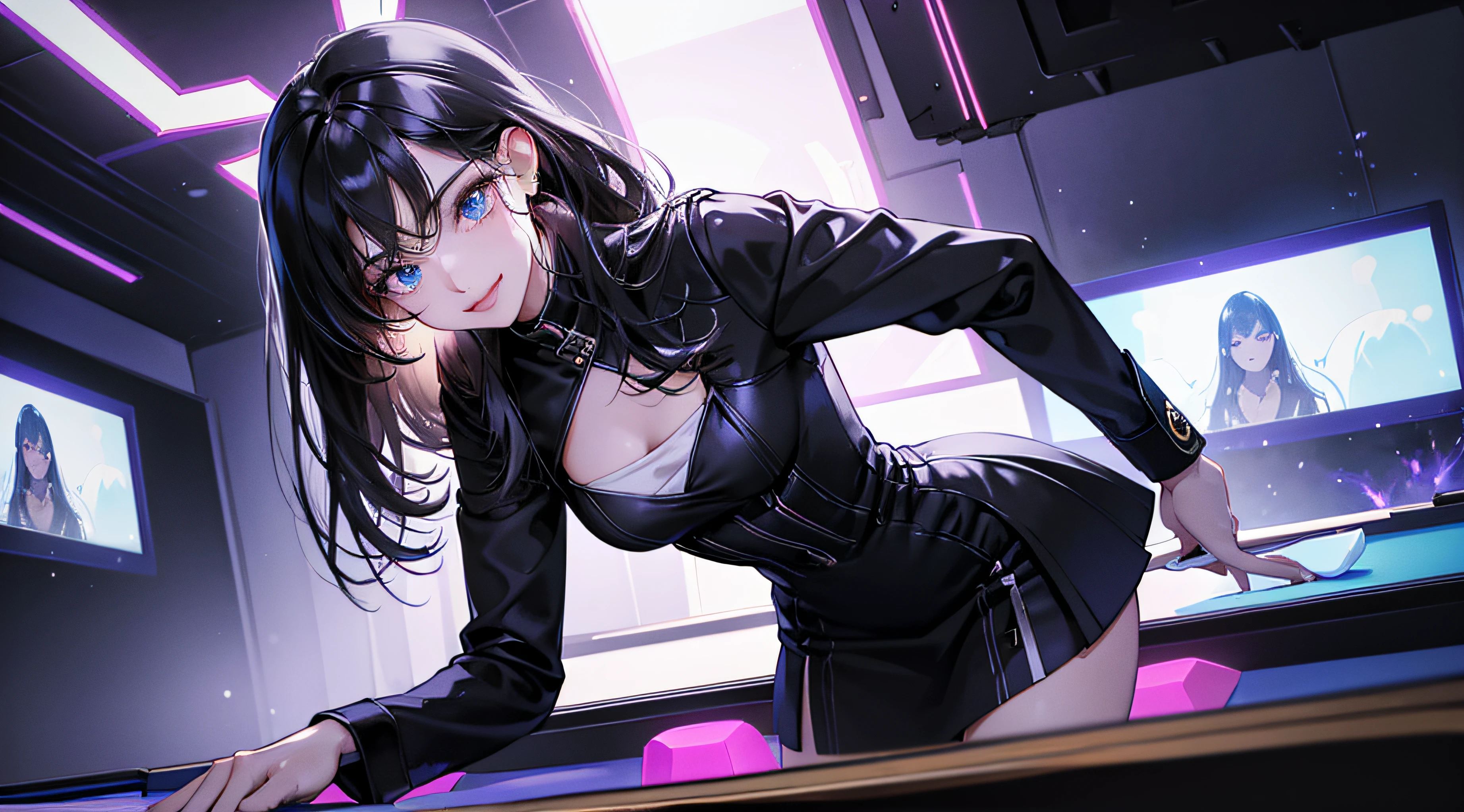 tmasterpiece， Best Picture Quality， Super meticulous， Billiard room， A girl with black hair and blue eyes in a sexy short dress， She was at the pool table， Holding a club in his hand， Large viewing angle， 独奏， extremely detailed eye， Hairline， shinny hair， bangs pinned back， raised eyebrow， eyeballs， gradient_eyes， Light smile，putting makeup on，lightand shade contrast，Gloomy contrast，first person perspective，highly，high qulity，best qualityer，A high resolution，cowboy lens，hyper HD，cyber punk style，LED lights，Earphone，Headphones behind the head，projected inset，cubes，Plutocracy，illustratio，cowboy lens