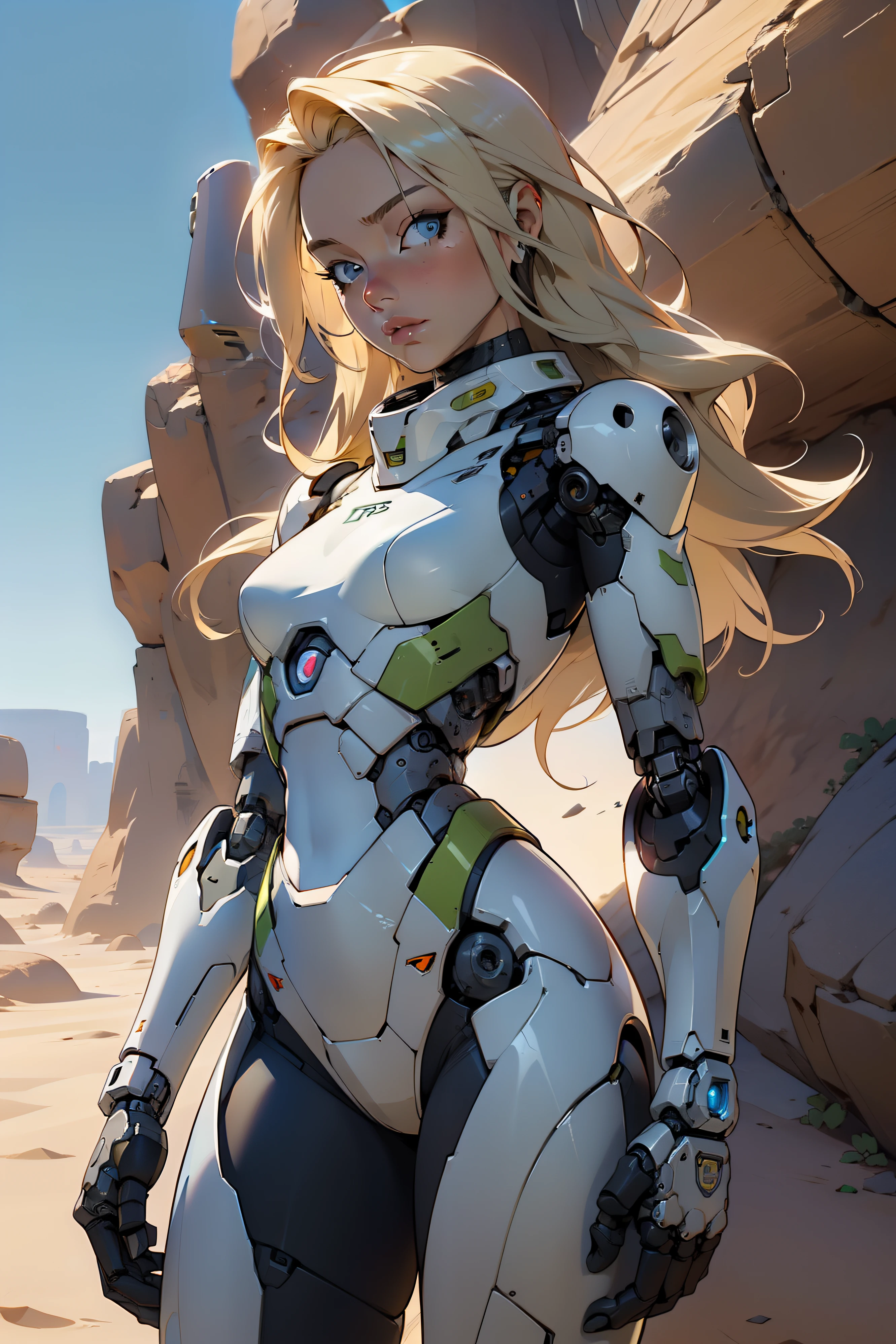 high quality, 4k, masterpiece, beautiful, cyborg girl, cowboy shot, dull eyes, looking at viewer, long blonde hair, girl, small breasts, fit thigh, robotic arms, robotic body, cyborg body, yellow accent, intricate detail, joint, detailed lines, robotic detail, holding fist up, holding hand up as fist, color robotic parts, robotic parts with color, perfect fingers, on a desert planet, sunny background, colorful desert,