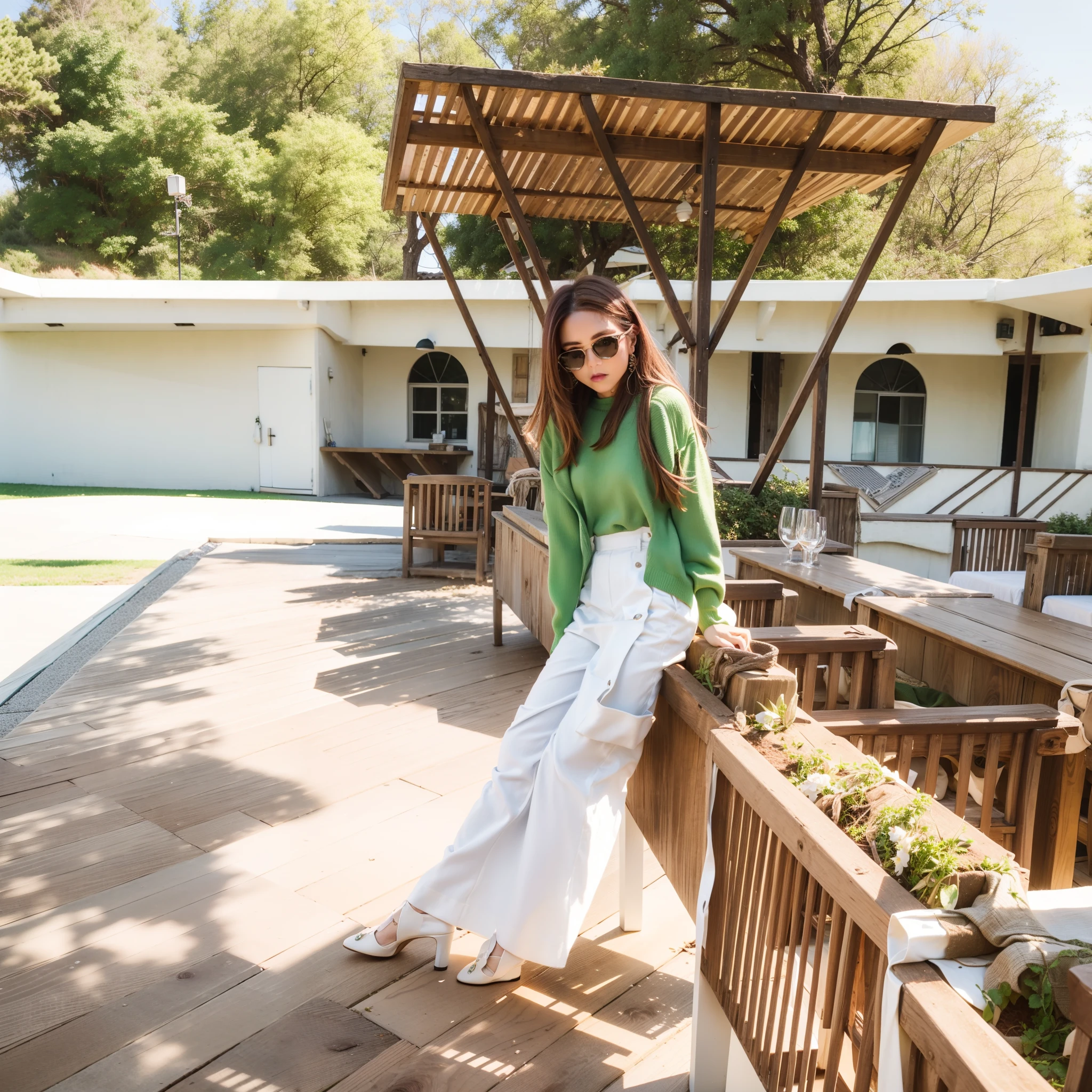 woman standing on a wooden deck with a green sweater and white pants, 🤬 🤮 💕 🎀, wearing off - white style, full body photogenic shot, with a cool pose, at the terrace, white outfit, captured on canon eos r 6, casual pose, white pants, taken with sony alpha 9, unwind!, by Emma Andijewska