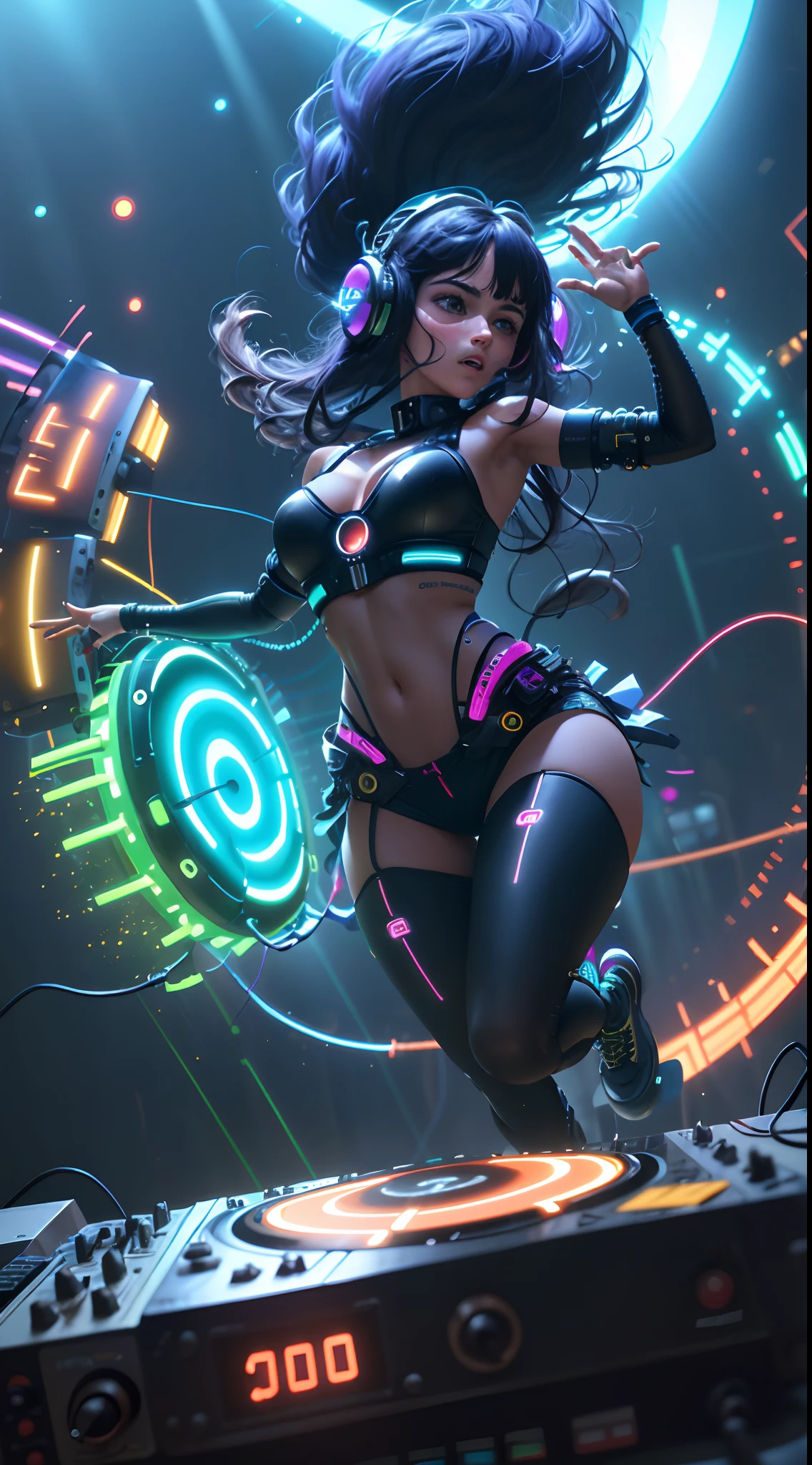 (Obra maestra:1.3),(La mejor calidad:1.2),8k,absurdos,Unidad 8K Wallpapper,(extremadamente detallado:1.3),Highestres,realista, fondo borroso, primer plano borroso,
(1girl:1.2),(auriculares:1.1),(neon light:1.1),Mechanical Headwear,(mechanicalwings:1.1),frown,(dynamic pose:1.1),(cabello flotante:1.2),(pinchadiscos:1.2),(psicodelic:1.2),dynamic pose,(electric wire:1.1),(haz de luz:1.2),Ojos medio cerrados,diafragma,mortecino,(music:1.2),cable,Dios Rayos,(dentro:1.2),desde un lado,(instrumento:0.7),frantic,apasionado,energetic,intenso,electrizante,estimulante,dynamic,emocionante,explosivo,Despertar,(muchedumbre:1.2),rayos de luz,,neon light,electric fan, (electricidad:1.2), (Electronic music:1.1),(Mezcla de sonido:1.3),