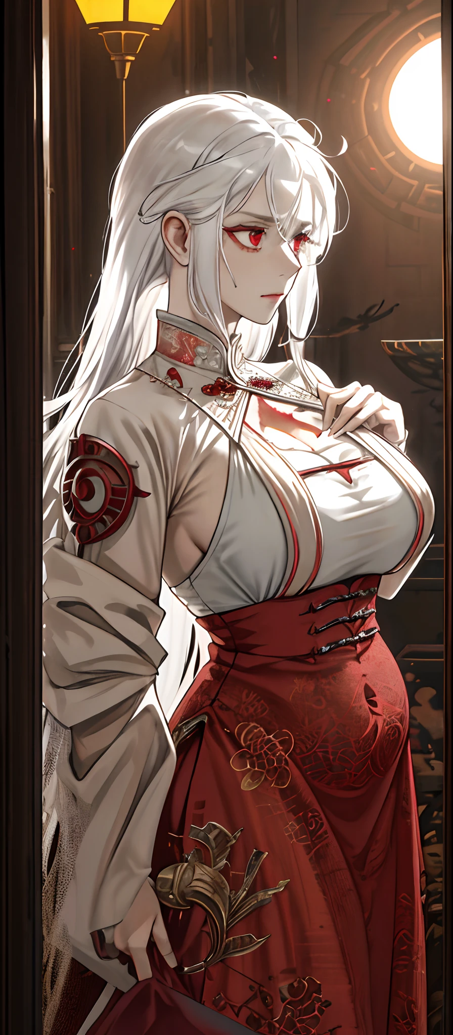 1female, White hair, Red eyes, (woman,Royal Sister_Shot:1.2), breasts focus, Long hair, side locks,Expressions of danger,Extreme panic,Chest close-up front,After being violated ,Scared,(terrified:1.1) expression, Place one hand behind your back, Atmospheric lighting, Moody, Darkness, In an abandoned old museum, Clear glass display case full of interesting items, Dusty, Post-apocalypse, spiderwebs, masterful, Beautiful 8k wallpaper,Camel hooves ,Extremely detailed, Intricate,a warm color palette,Half naked chest,huge tit(D),plethora of colors,bright sun,Wear a gorgeous coat,Wear a cheongsam inside,Broken clothes,With a queen-like temperament,succubi,Beautiful young woman,Expose the belly,Expose the chest