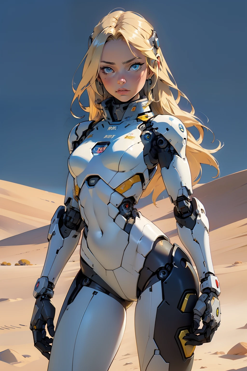 high quality, 4k, masterpiece, beautiful, cyborg girl, cowboy shot, dull eyes, looking at viewer, long blonde hair, girl, small breasts, fit thigh, robotic arms, robotic body, cyborg body, yellow accent, intricate detail, joint, detailed lines, robotic detail, holding fist up, holding hand up as fist, color robotic parts, robotic parts with color, perfect fingers, on a desert planet, sunny background, colorful desert,