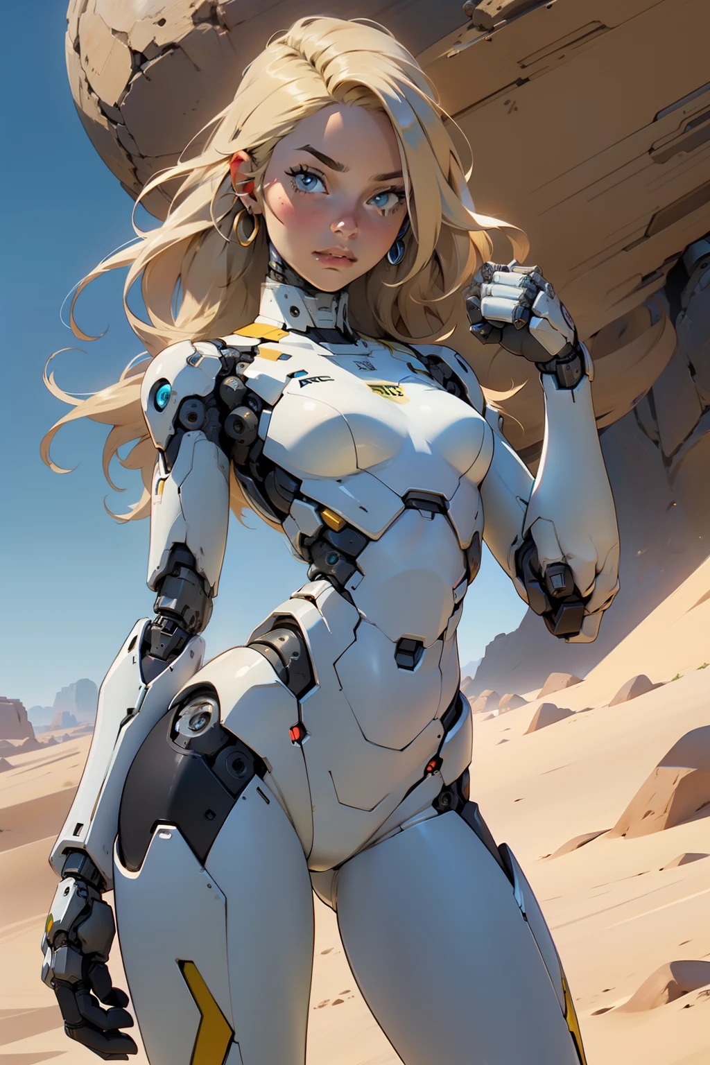 high quality, 4k, masterpiece, beautiful, cyborg girl, cowboy shot, dull eyes, looking at viewer, long blonde hair, girl, small breasts, fit thigh, robotic arms, robotic body, cyborg body, yellow accent, intricate detail, joint, detailed lines, robotic detail, holding fist up, holding hand up as fist, color robotic parts, robotic parts with color, perfect fingers, on a desert planet, sunny background, colorful desert,