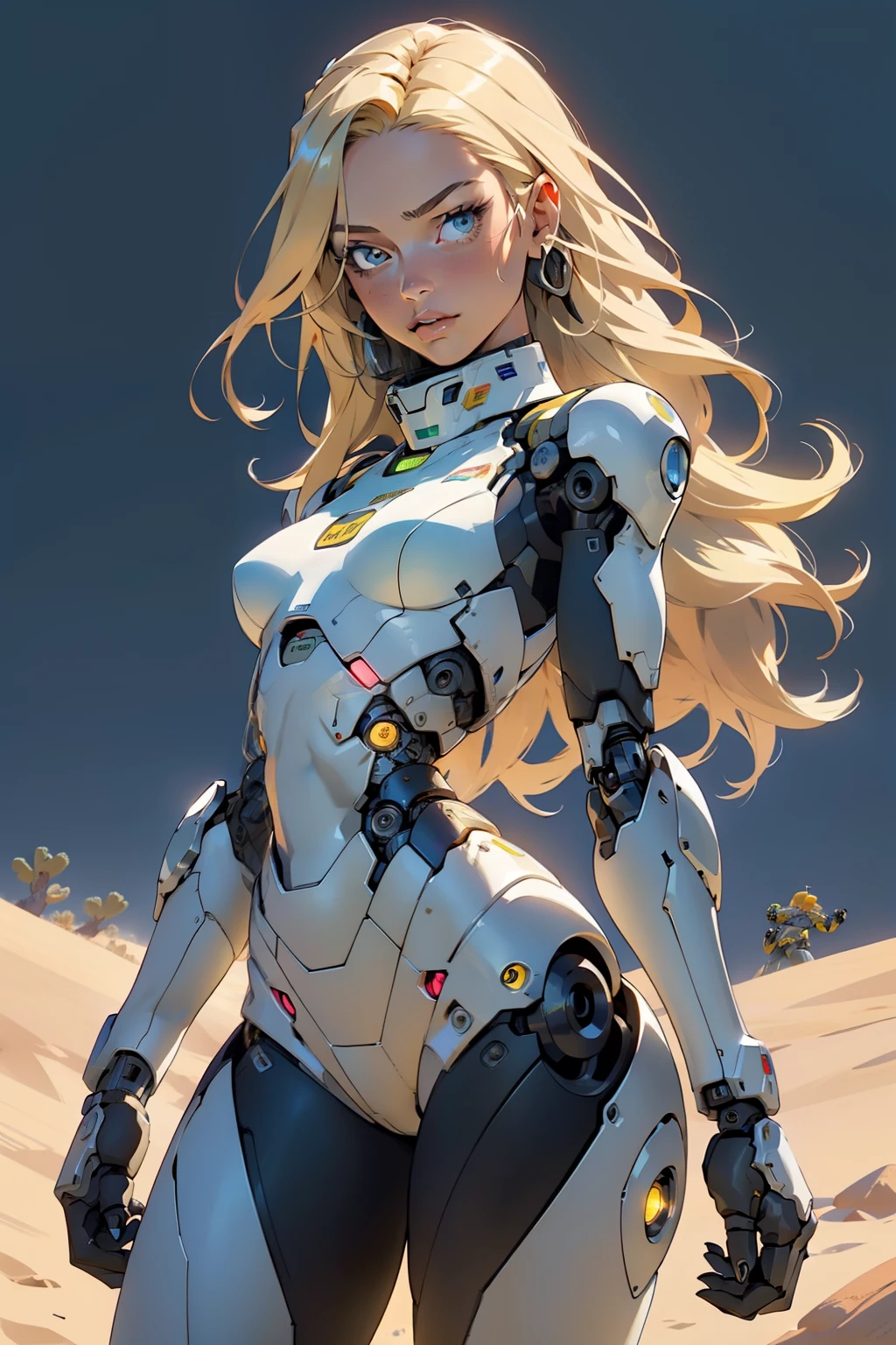 high quality, 4k, masterpiece, beautiful, cyborg girl, cowboy shot, dull eyes, looking at viewer, long blonde hair, girl, small breasts, fit thigh, robotic arms, robotic body, cyborg body, yellow accent, intricate detail, joint, detailed lines, robotic detail, holding fist up, holding hand up as fist, color robotic parts, robotic parts with color, perfect fingers, on a desert planet, sunny background, colorful desert,