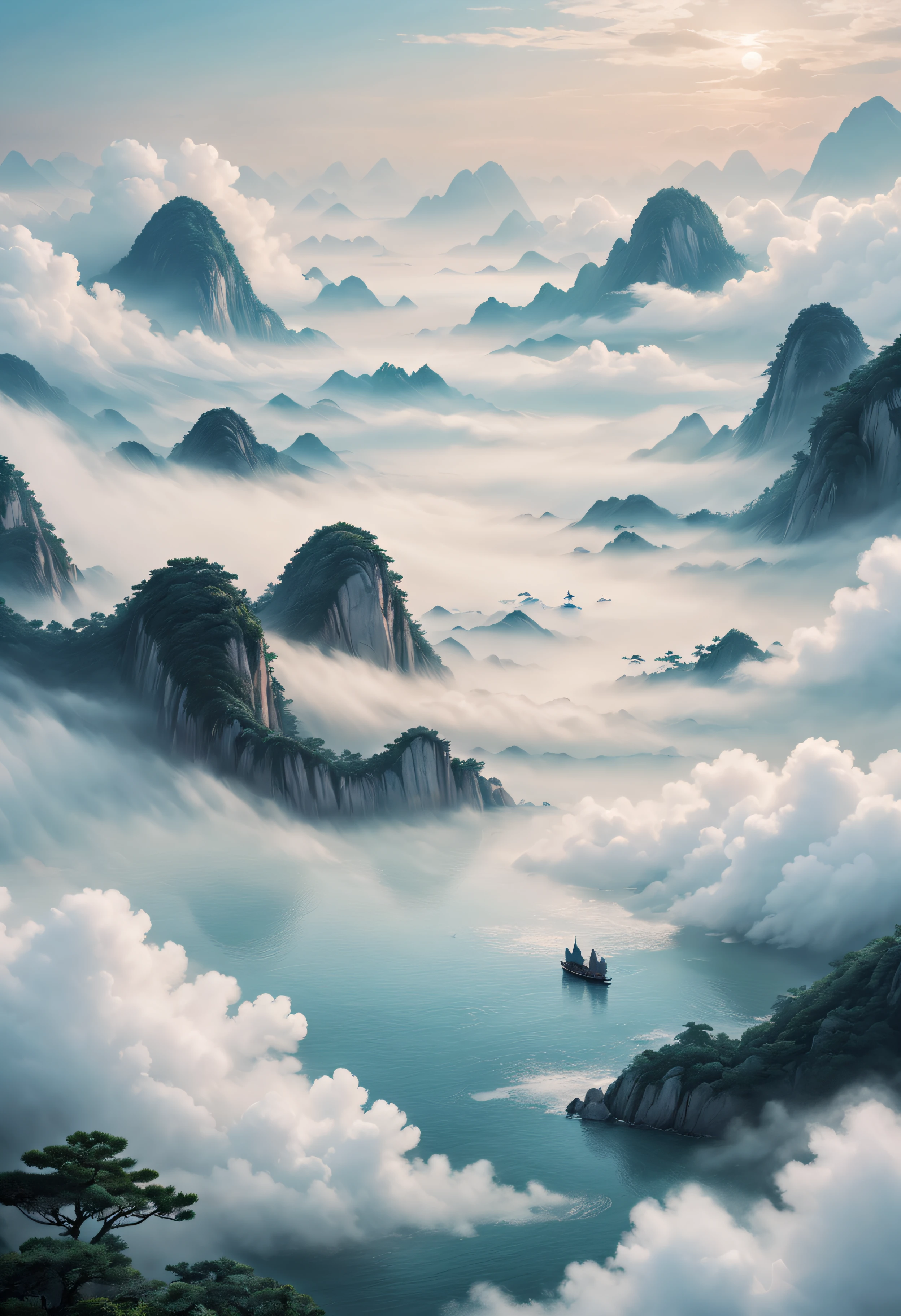 Chinese background，You can see the fan faintly，Hazy beauty，Quintessence elements，minimal style，large scene，A calm sea of clouds scene，Contains opera elements，A small number of auspicious cloud patterns，high high quality，optimum，White tones are predominant，Flat viewing angle，ultra-clear，Delicate