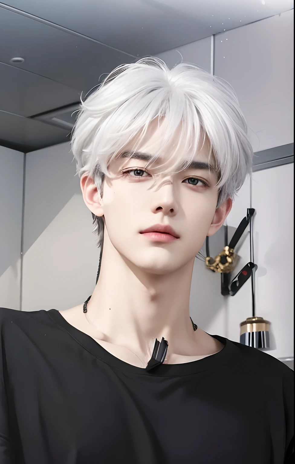 A man with realistic white hair, exactly the same hairstyle, realistic gray eyes,Realistic Korean handsome face, realistic v chin, realistic cool expression, realistic sharp eyes, realistic black t-shirt, realistic light, realistic shadow, realistic background,Realistic indoors