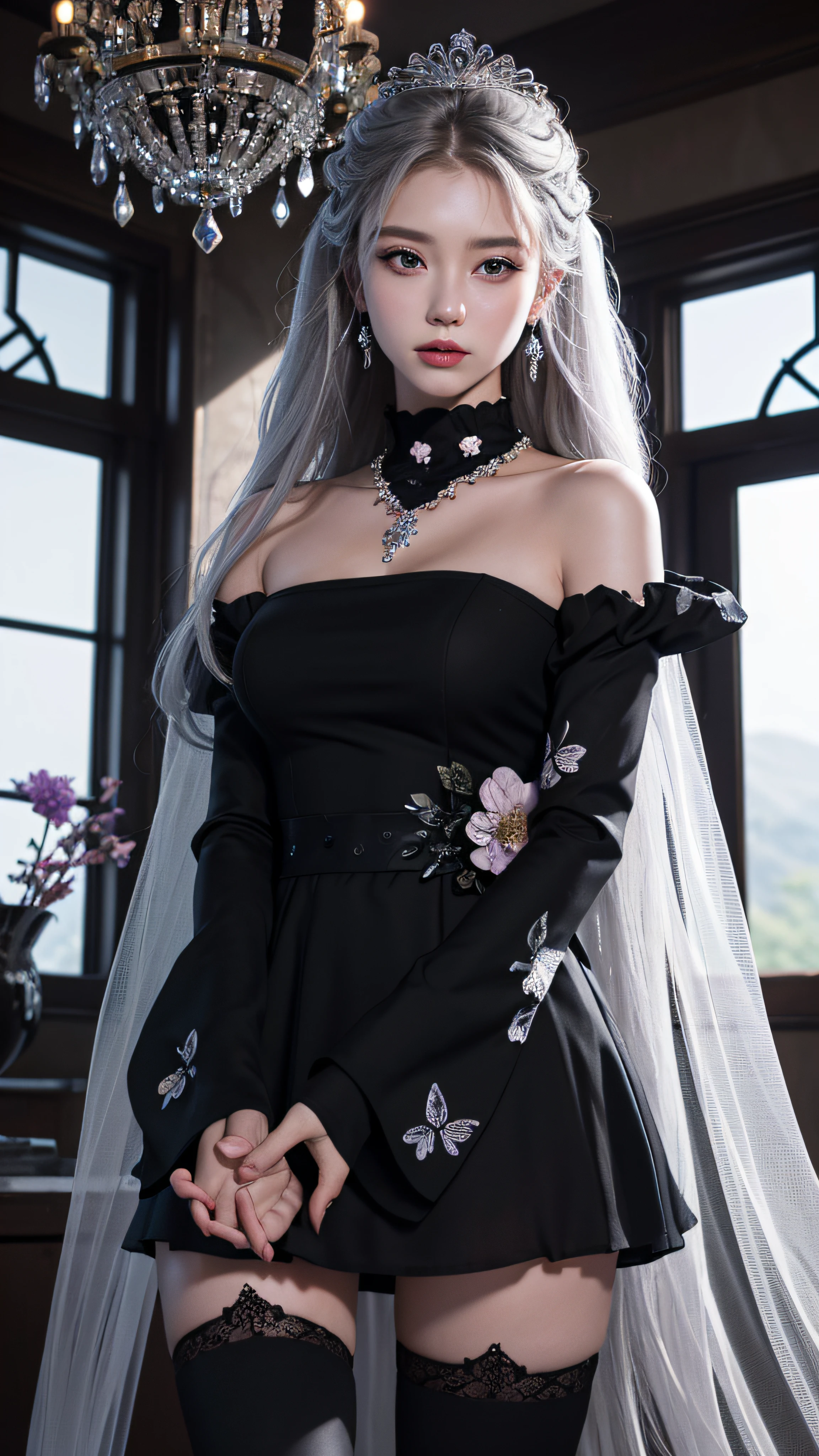 A woman in a black dress and veil posing for a picture - SeaArt AI