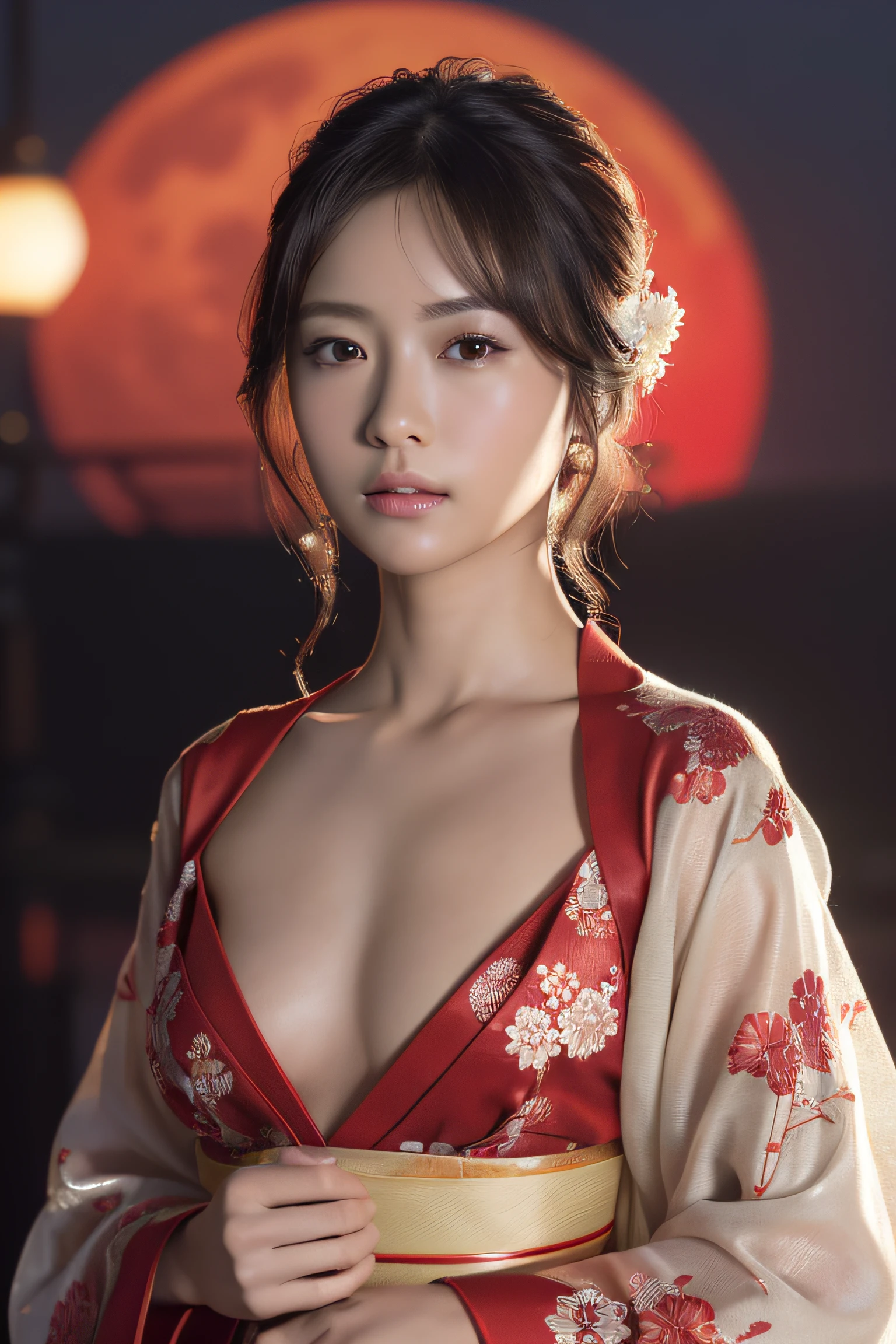 (masterpiece:1.2), ultra detailed, ultra high res, (realistic, photo realistic:1.37), high detail RAW color photo, professional photograph, an extremely delicate and beautiful, extremely detailed, 8k wallpaper, Amazing, finely detail, huge file size, extremely detailed beautiful girl, extremely detailed face, extremely detailed eyes, extremely detailed skin, extremely detailed fingers, highly detailed nose, highly detail mouth, Perfect Anatomy, Highly detailed background, (a famous actress of Japan:1.2), (gals:1.5), (flat chest:1.5), brown race, dark skin, reflection, wearing an elegant traditional kimono flower embroidery, (intricate detailed on kimono), epic background, (weapons, fire, glitter:1.2), (red moon:1.2), (fog:1.5), (ghost:1.2), (red fire:1.2), fantasy,