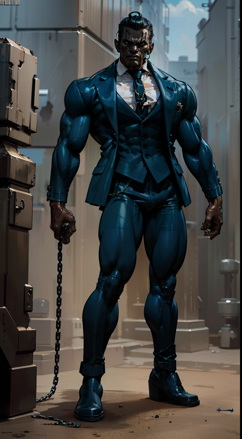 Frankenstein monster, ((dark blue skin)), colored skin, muscular, masterpiece, full body view, distressed black business suit, open white shirt, oversized brown boots, angry face, bolts on each side of neck, chains around a wrists, standing monstrous