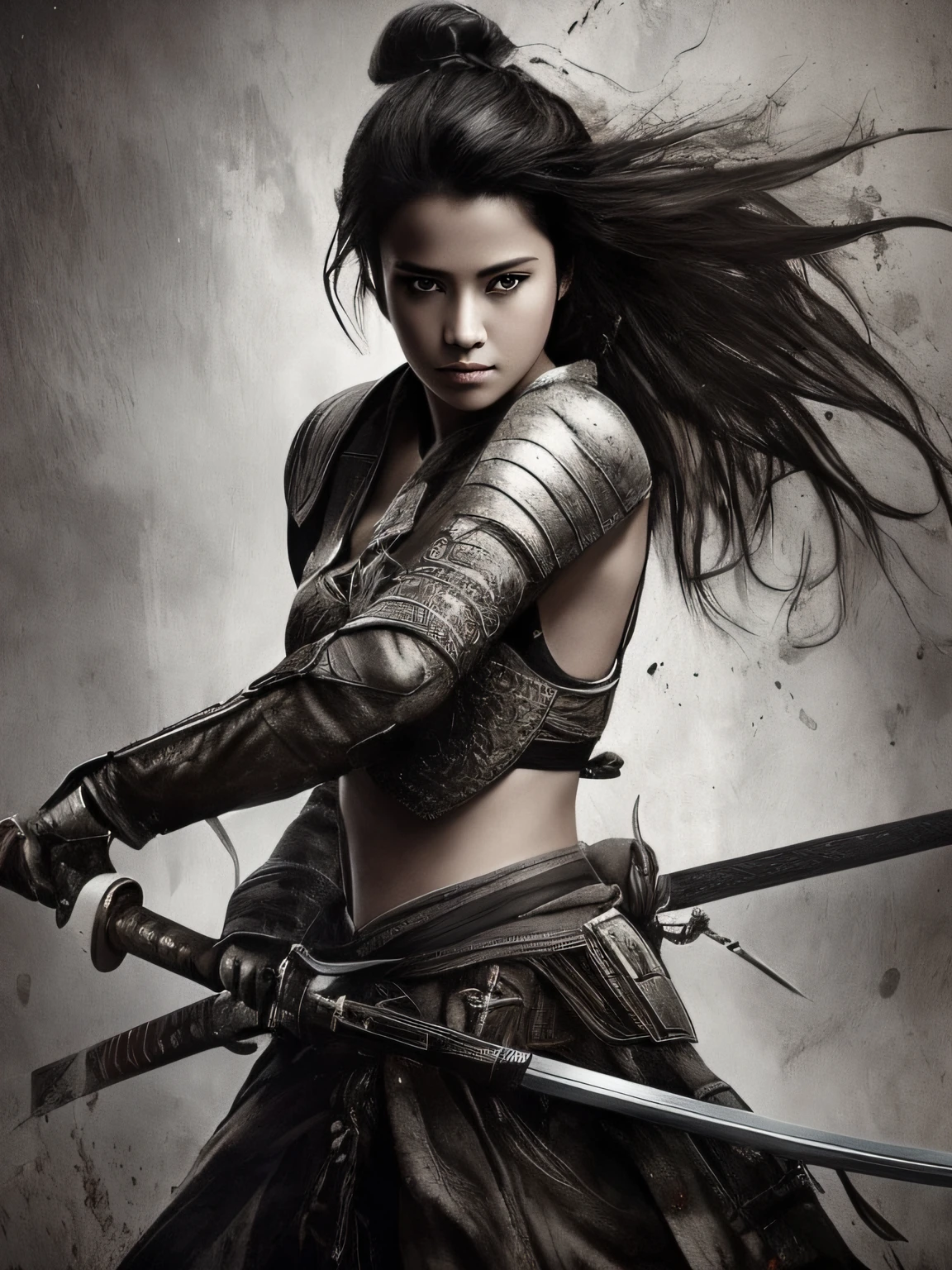 mulher arafed com espada em uma foto preto e branco, female samurai, she is holding a katana sword, linda guerreira, uma bela mulher guerreira, desembainhando sua Katana, Samurai cyberpunk muito bonito, Katana, she is holding a sword, Kunoichi,  guerreira, female warrior, Samurai, segurando uma espada em seu ombro