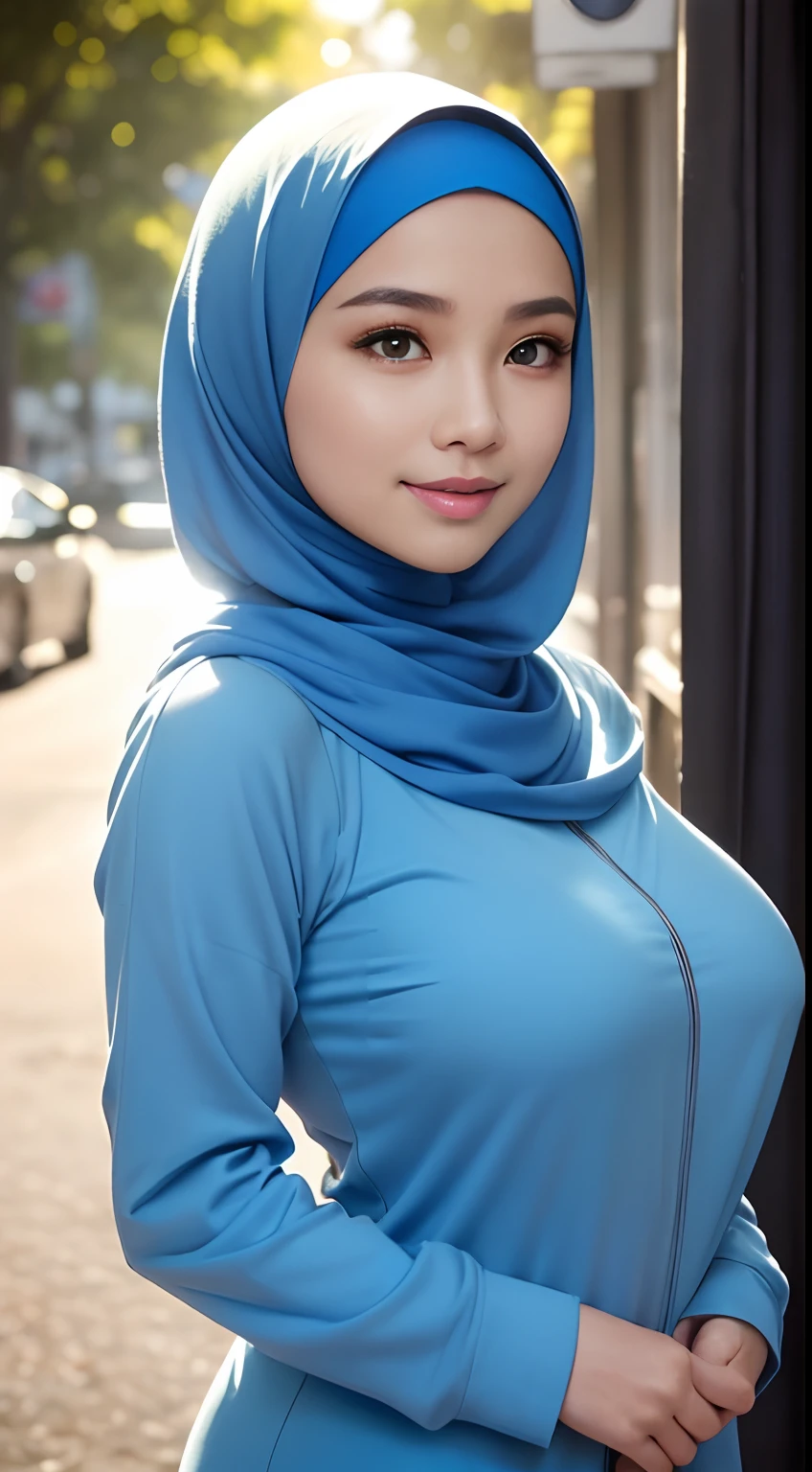 (night scene, close up photo of a sexy naked malay girl with hijab, posing, look at a camera and smile, blue pastel hijab, (green eyes:0.8), big tit, cute young face, 18 yo, soft volumetric lights, (backlit:1.3), (cinematic:1.3), intricate details, (ArtStation:1.2),Best quality, high resolution, masterpiece: 1.3), a beautiful malay woman in hijab, big breasts, slim figure, sweatshirt, beautifully presented details in the street and facial and skin texture, detailed eyes, double eyelids, big eyeschest visible, shirt open