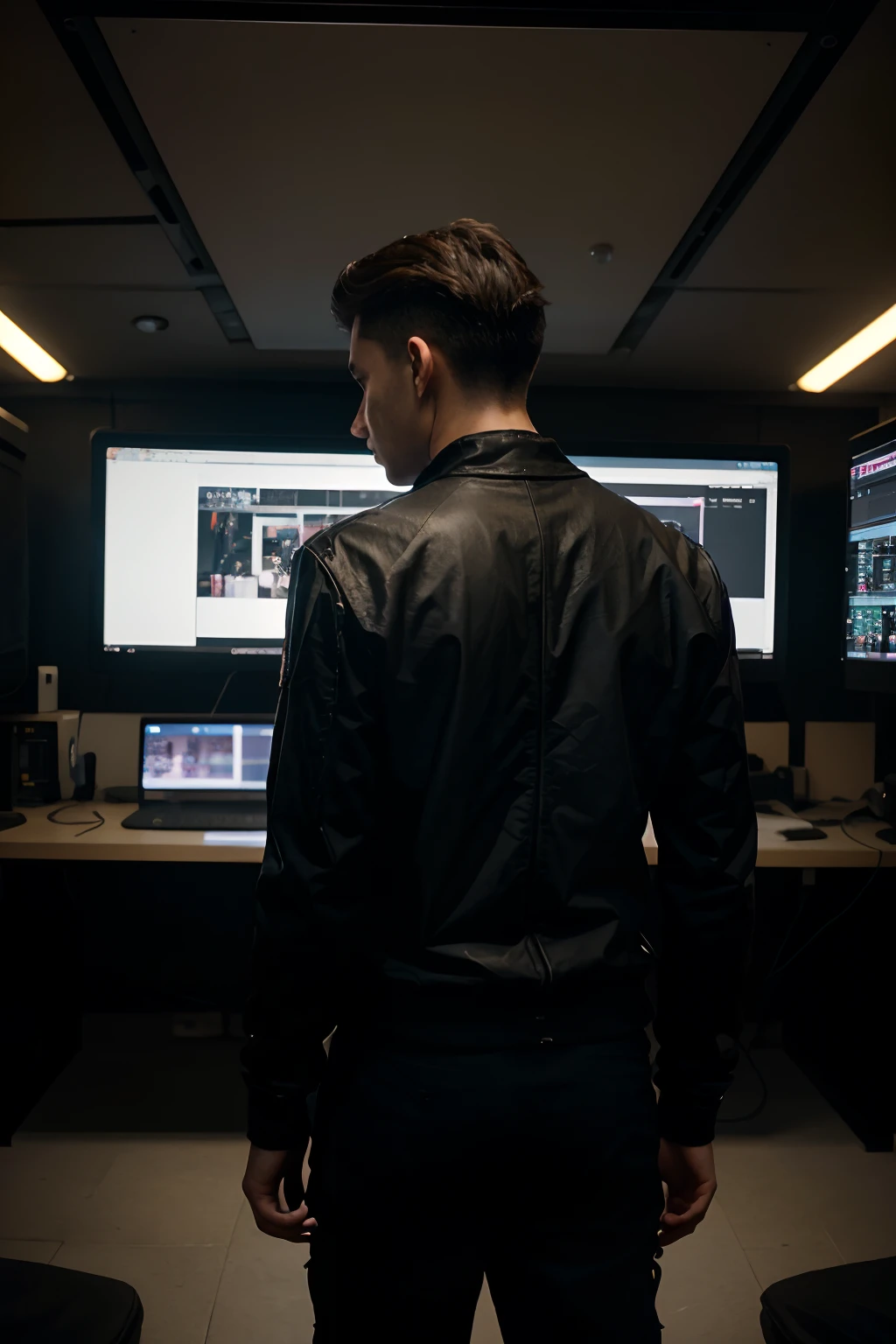 A picture of a 23-year-old boy in university thinking about aesthetics and combining it with video editing tools. Cinematic, back view, creative, cyberpunk aesthetic, high quality, realistic, anthropomorphic.