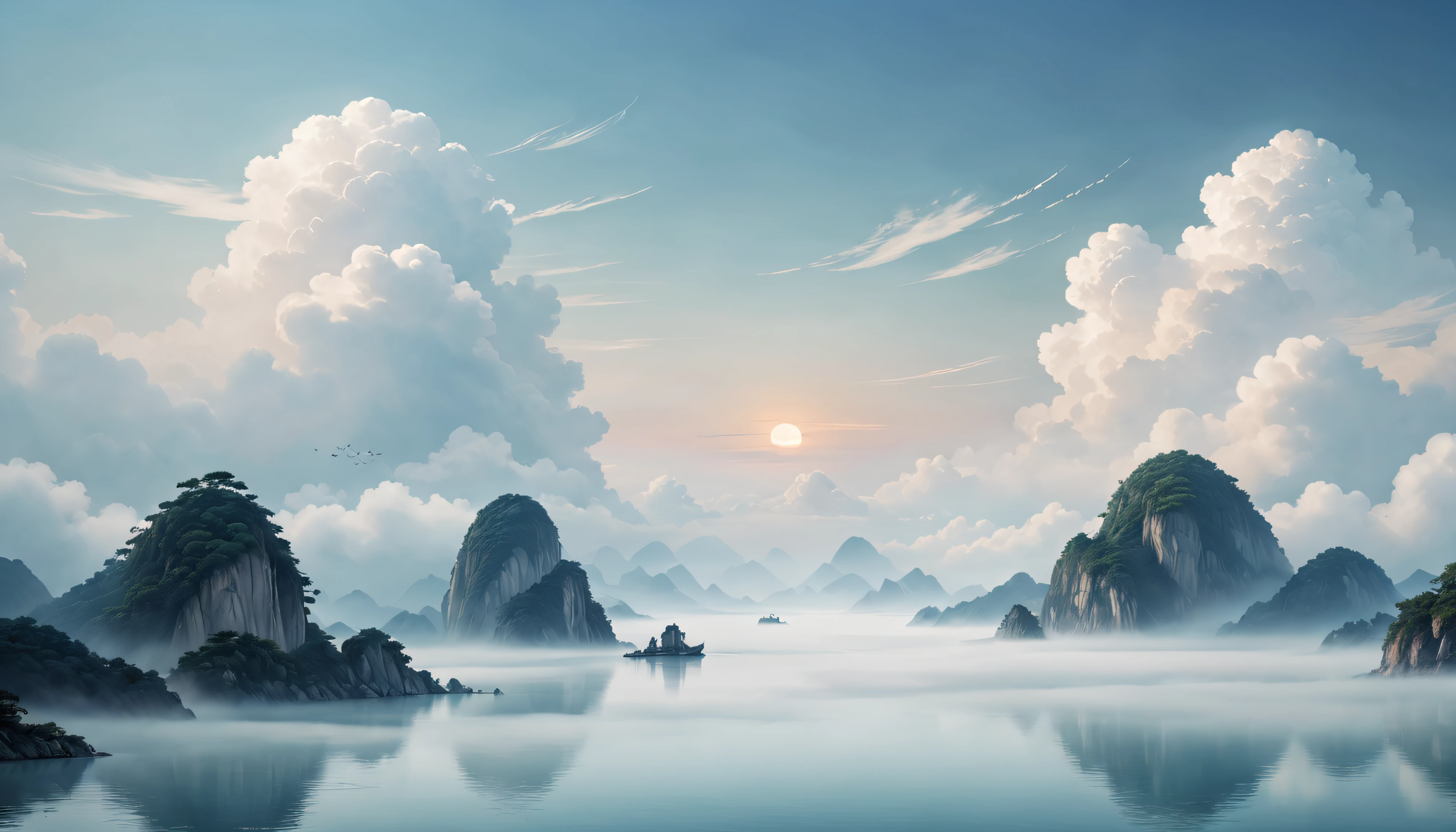 Chinese background,You can see the fan faintly,Hazy beauty,Quintessence elements,minimal style,large scene,A calm sea of clouds scene,Contains opera elements,A small number of auspicious cloud patterns,high high quality,optimum,White tones are predominant,Flat viewing angle,ultra-clear,Delicate