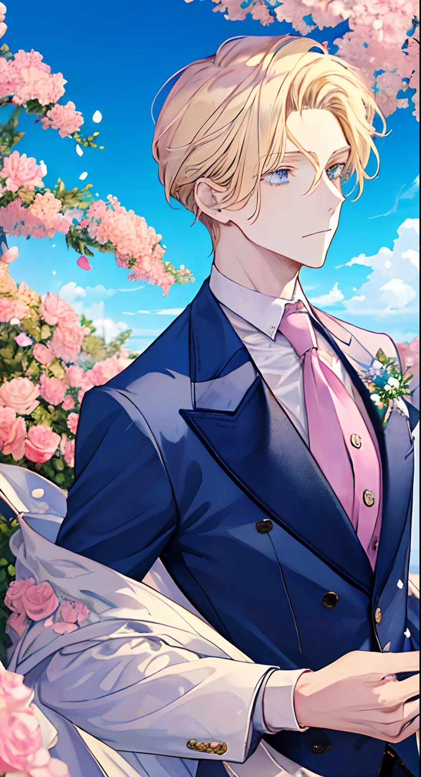 (masterpiece, best quality), 1boy, young man, elegant suit, blonde hair, high pony, pink eyes, gentle expression (surronded by flowers, blue sky)