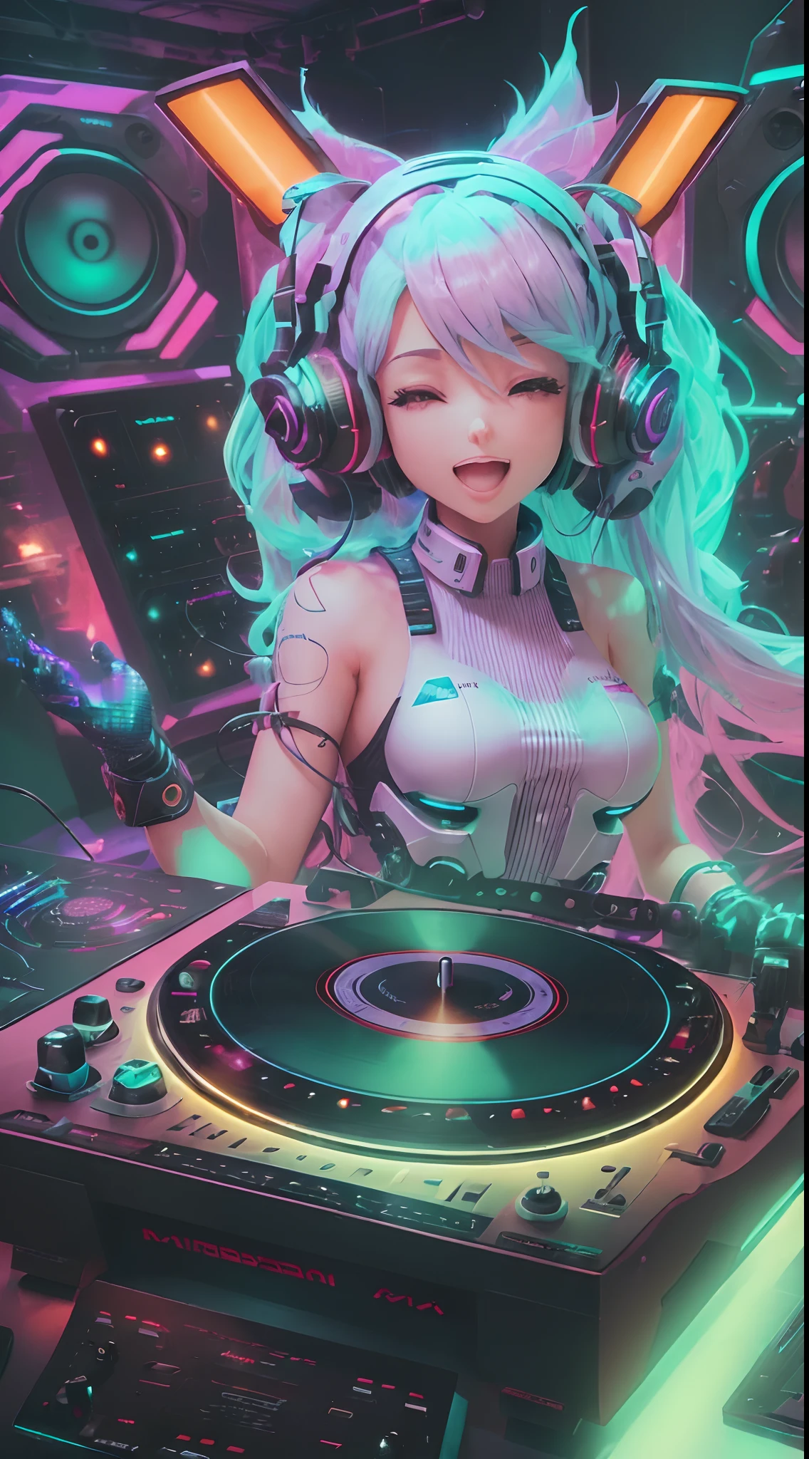 ((Obra maestra:1.3)), ((La mejor calidad:1.3)), ((Supergianthugebreasts_Detallado:1.3)), Pechos grandes Hatsune Miku, pinchadiscos, Perssonage Cyber Punk, arco iris, traje ajustado, Auriculares, Mirando a Viewert, Realista, Texturas de la piel, ..3D, c4d, motor irreal，Tocadiscos de vinilo、Sci-Fi DJ Station、Tiro en la parte superior del cuerpo、Mira a la multitud、Cybernetically Enhanced，