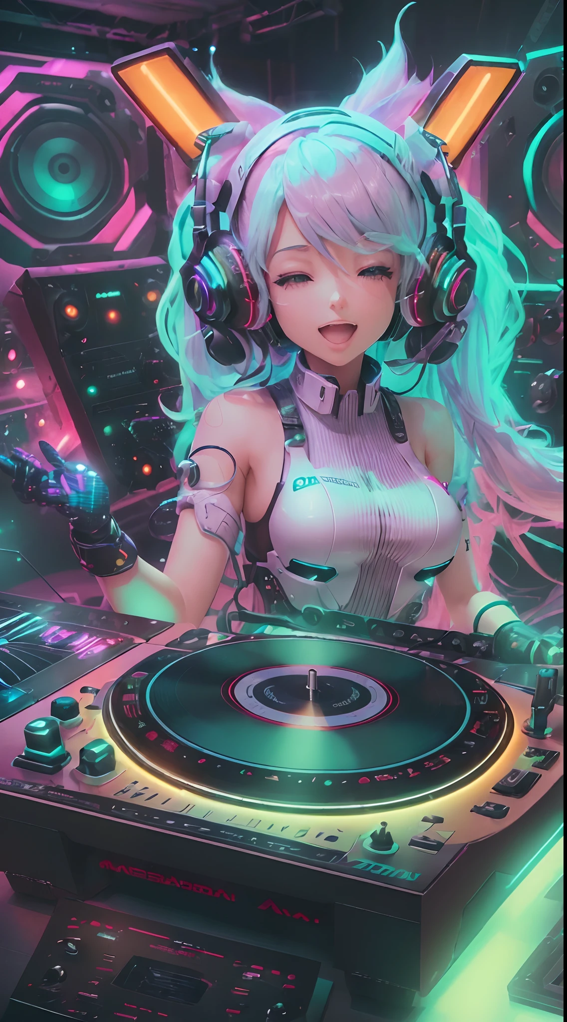 ((Obra maestra:1.3)), ((La mejor calidad:1.3)), ((Supergianthugebreasts_Detallado:1.3)), Pechos grandes Hatsune Miku, pinchadiscos, Perssonage Cyber Punk, arco iris, traje ajustado, Auriculares, Mirando a Viewert, Realista, Texturas de la piel, ..3D, c4d, motor irreal,Tocadiscos de vinilo、Sci-Fi DJ Station、Tiro en la parte superior del cuerpo、Mira a la multitud、Cybernetically Enhanced,