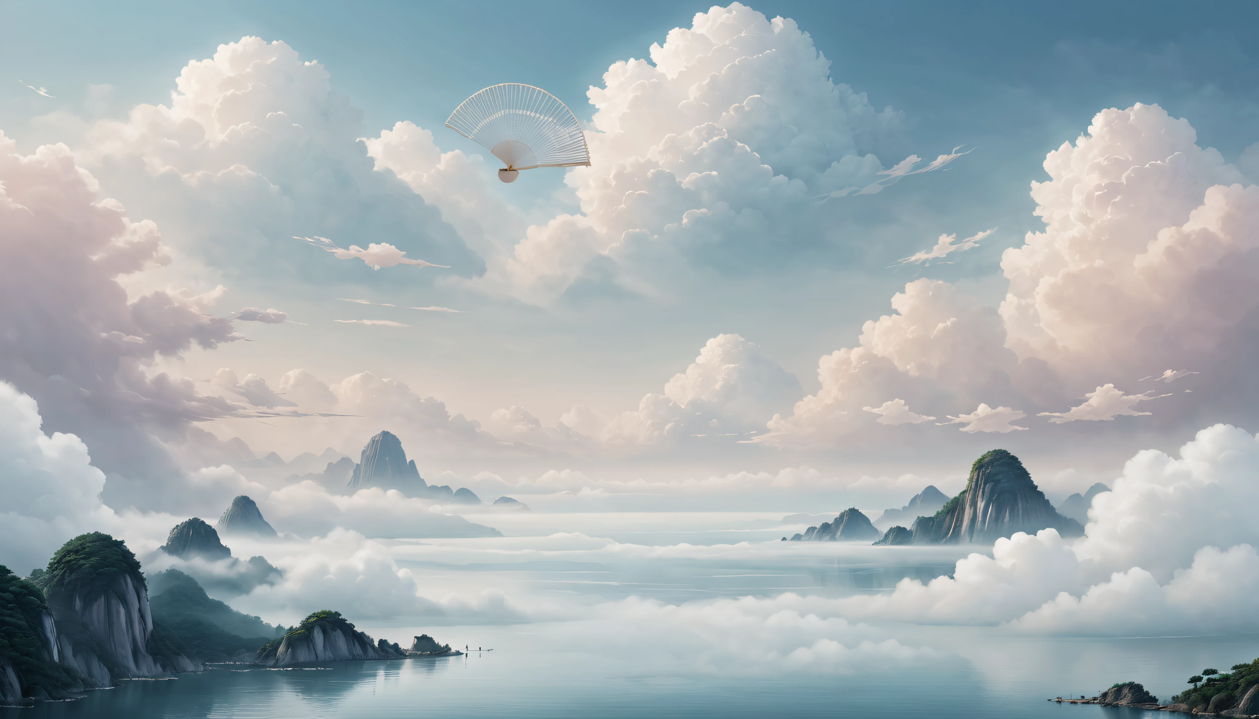 Chinese background,You can see the fan faintly,Hazy beauty,Quintessence elements,minimal style,large scene,A calm sea of clouds scene,Contains opera elements,A small number of auspicious cloud patterns,high high quality,optimum,White tones are predominant,Flat viewing angle,ultra-clear,Delicate