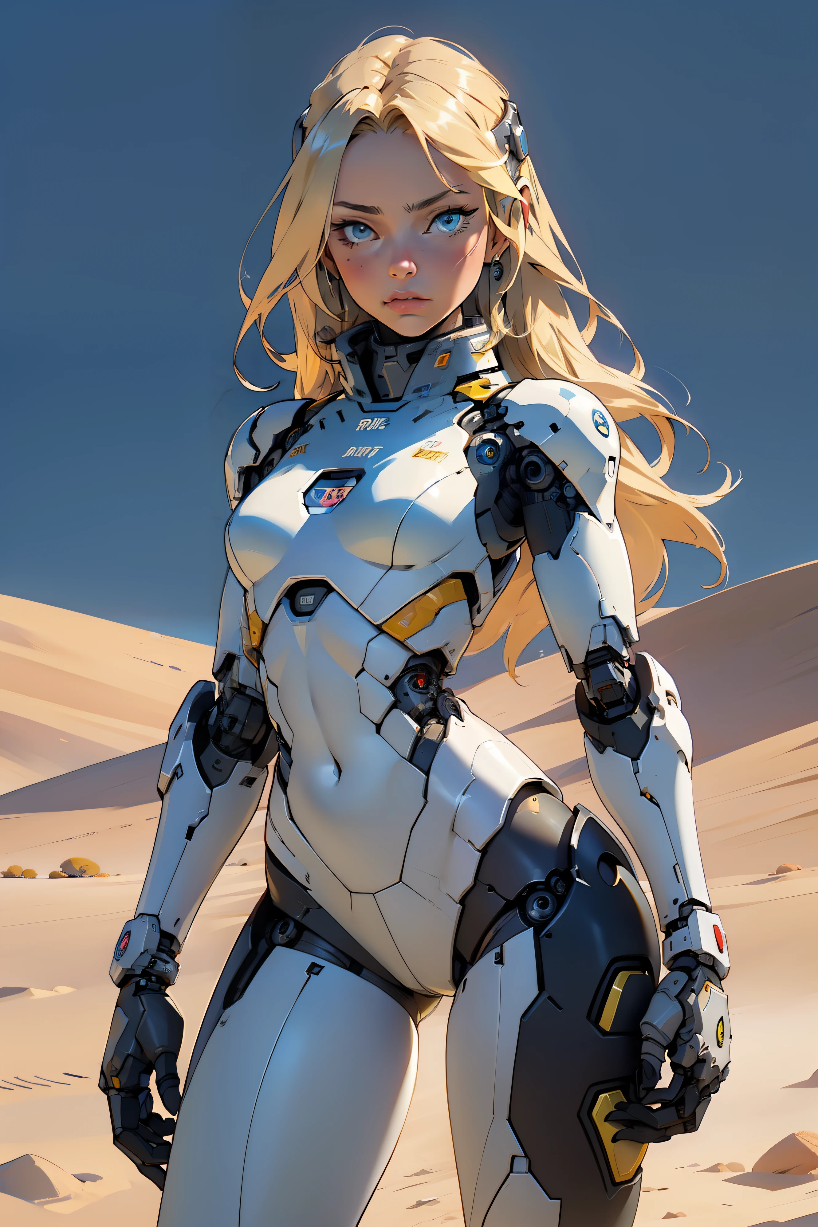 high quality, 4k, masterpiece, beautiful, cyborg girl, cowboy shot, dull eyes, looking at viewer, long blonde hair, girl, small breasts, fit thigh, robotic arms, robotic body, cyborg body, yellow accent, intricate detail, joint, detailed lines, robotic detail, holding fist up, holding hand up as fist, color robotic parts, robotic parts with color, perfect fingers, on a desert planet, sunny background, colorful desert,