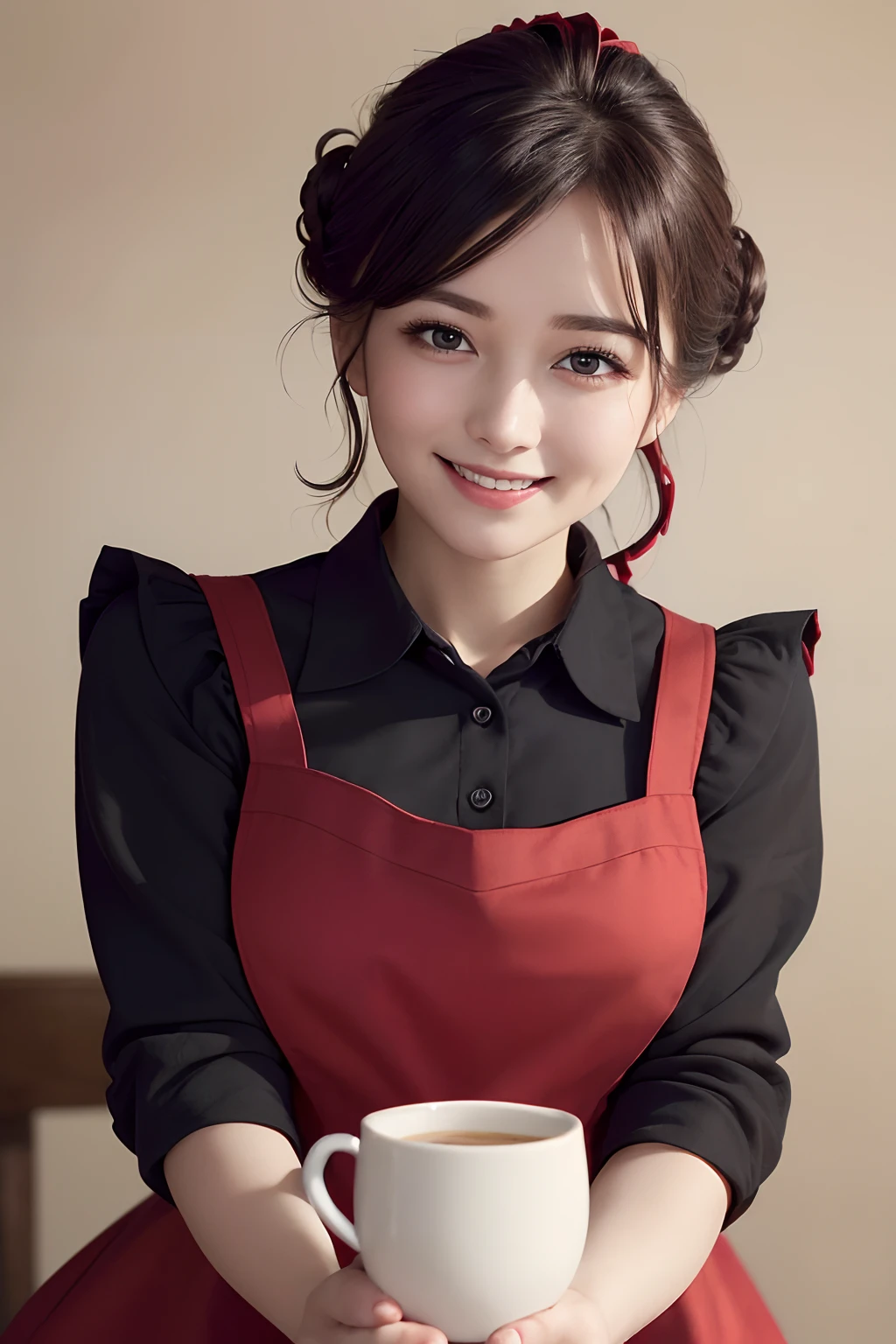 ((best quality, 8K, masterpiece)), ultra detailed, sharp focus, 1 beautiful woman, ((red apron:1.4)), (updo:1.4), (simple collared shirts:1.4), highly detailed face and skin texture, ((detailed eyes)), ((beautiful black eyes:1.2)), (smile:1.15), (closed mouth), (cafe)