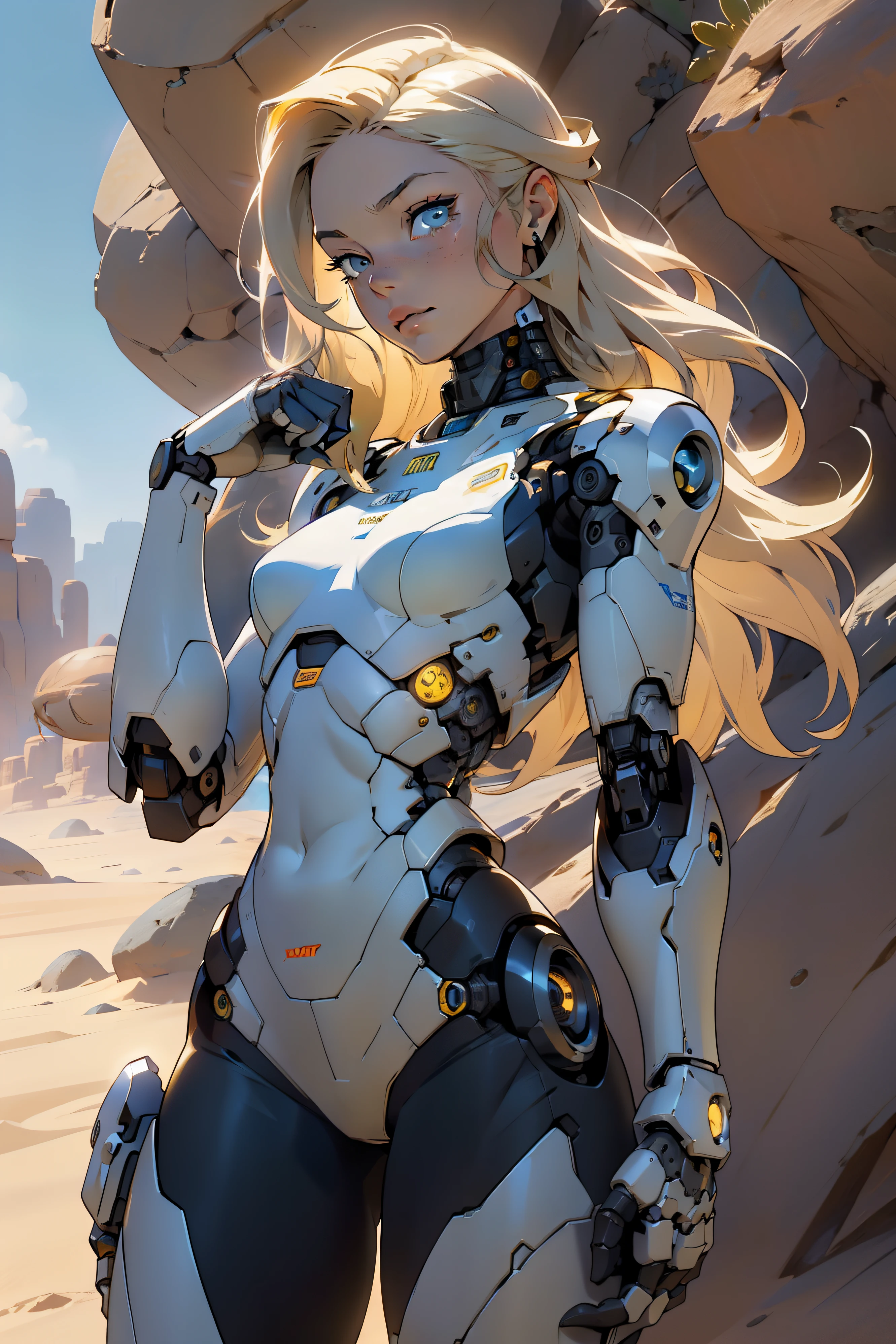 high quality, 4k, masterpiece, beautiful, cyborg girl, cowboy shot, dull eyes, looking at viewer, long blonde hair, girl, small breasts, fit thigh, robotic arms, robotic body, cyborg body, yellow accent, intricate detail, joint, detailed lines, robotic detail, holding fist up, holding hand up as fist, color robotic parts, robotic parts with color, perfect fingers, on a desert planet, sunny background, colorful desert,