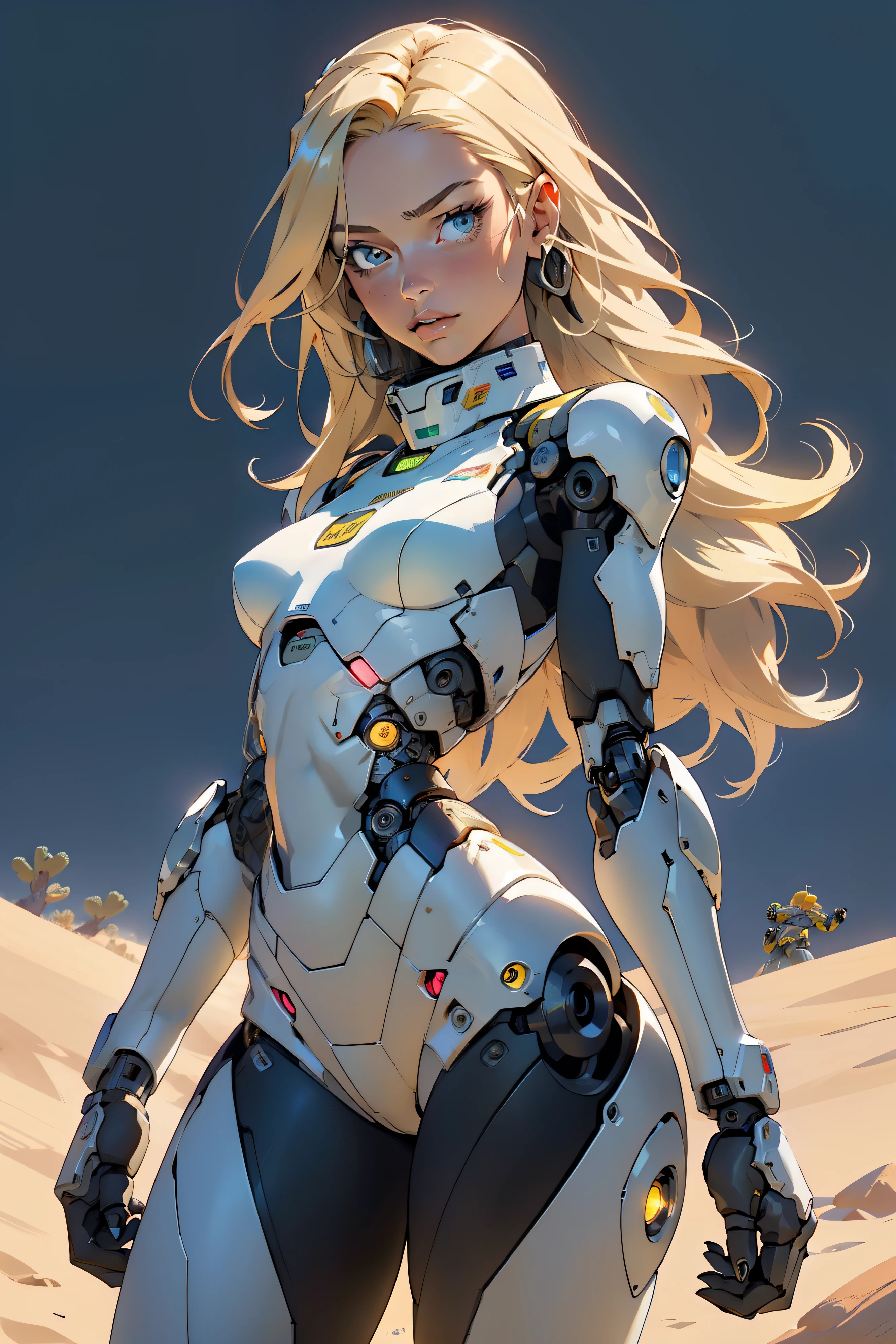 high quality, 4k, masterpiece, beautiful, cyborg girl, cowboy shot, dull eyes, looking at viewer, long blonde hair, girl, small breasts, fit thigh, robotic arms, robotic body, cyborg body, yellow accent, intricate detail, joint, detailed lines, robotic detail, holding fist up, holding hand up as fist, color robotic parts, robotic parts with color, perfect fingers, on a desert planet, sunny background, colorful desert,