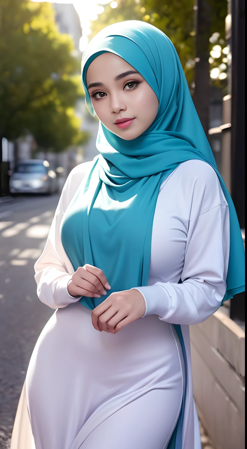 (night scene, close up photo of a sexy naked malay girl with hijab, posing, look at a camera and smile, blue pastel hijab, (green eyes:0.8), big tit, cute young face, 18 yo, soft volumetric lights, (backlit:1.3), (cinematic:1.3), intricate details, (ArtStation:1.2),Best quality, high resolution, masterpiece: 1.3), a beautiful malay woman in hijab, big breasts, slim figure, sweatshirt, beautifully presented details in the street and facial and skin texture, detailed eyes, double eyelids, big eyeschest visible, shirt open