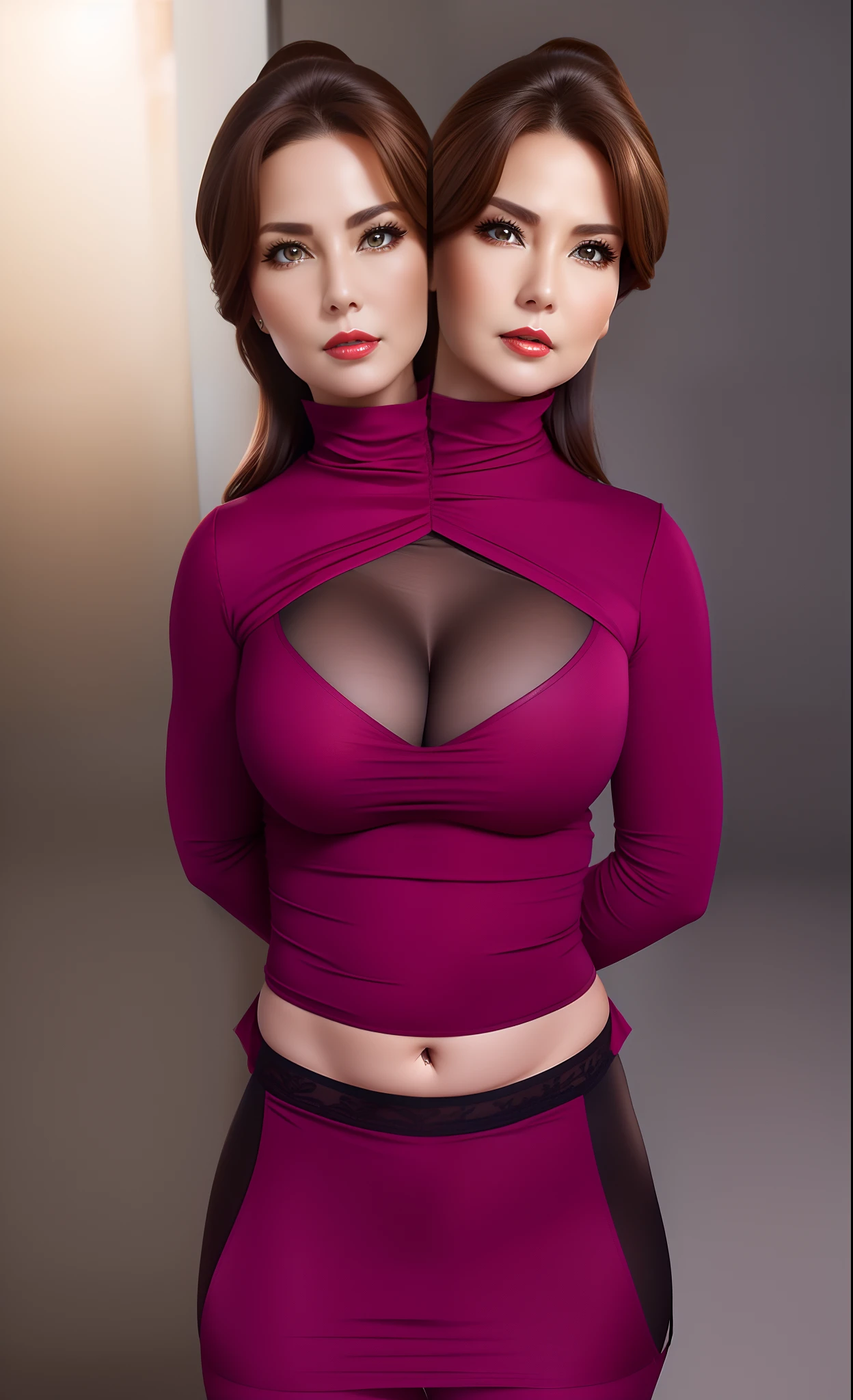 2 heads,Photo of a 50-year-old woman with brown hair, a captivating gaze, Brown eyes, Wrinkles on her face, Black pantyhose,Black High Heel Boots,She wears very sexy lingerie underwear、、Revealing her large sagging breasts, Light makeup and red lips. 32K