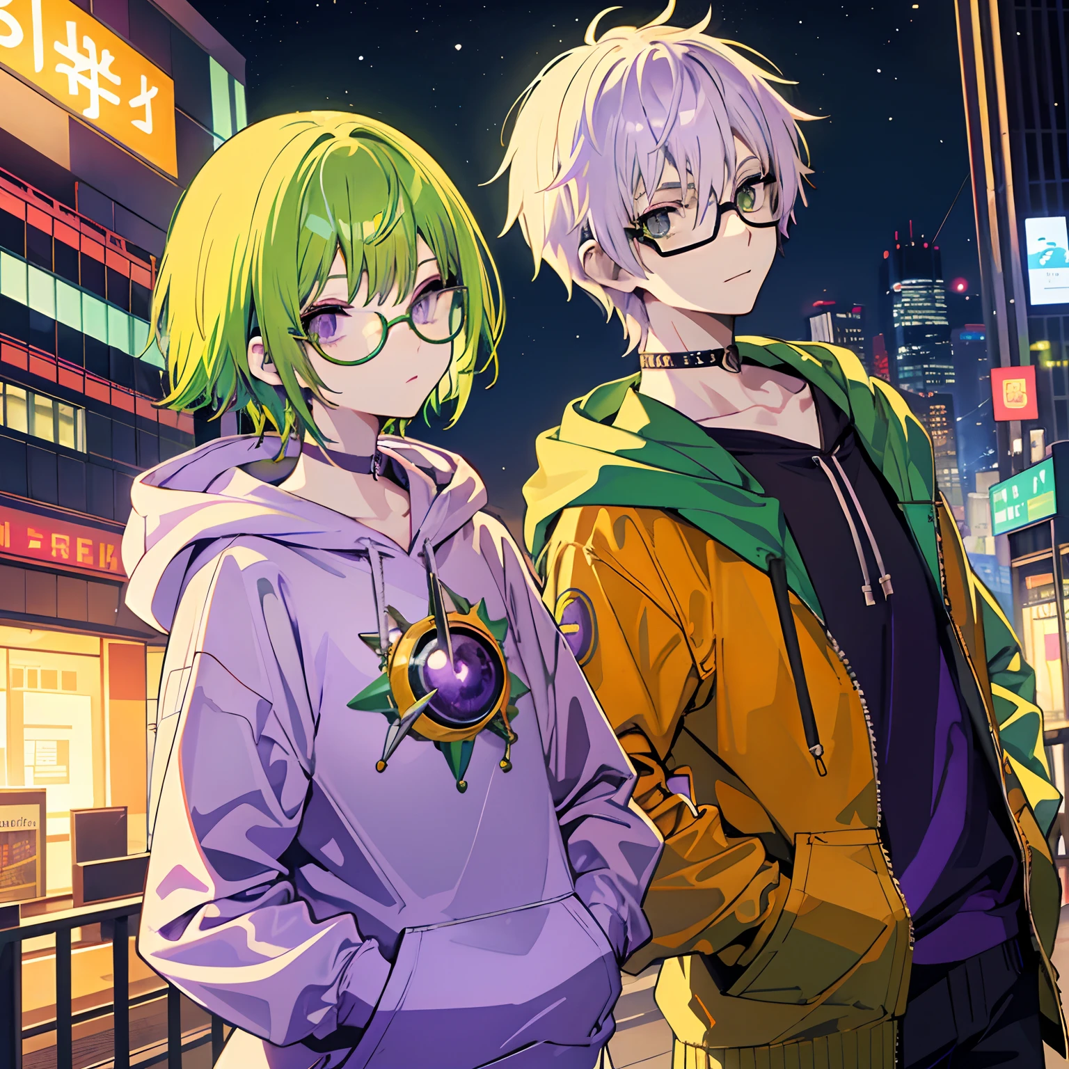 (Green Haired Woman、eye glass、short-hair、Purple eyes)、(man with white hair、Lunette de soleil、Orange hoodie)、Night city、Sateen、hands in the pocket、is standing