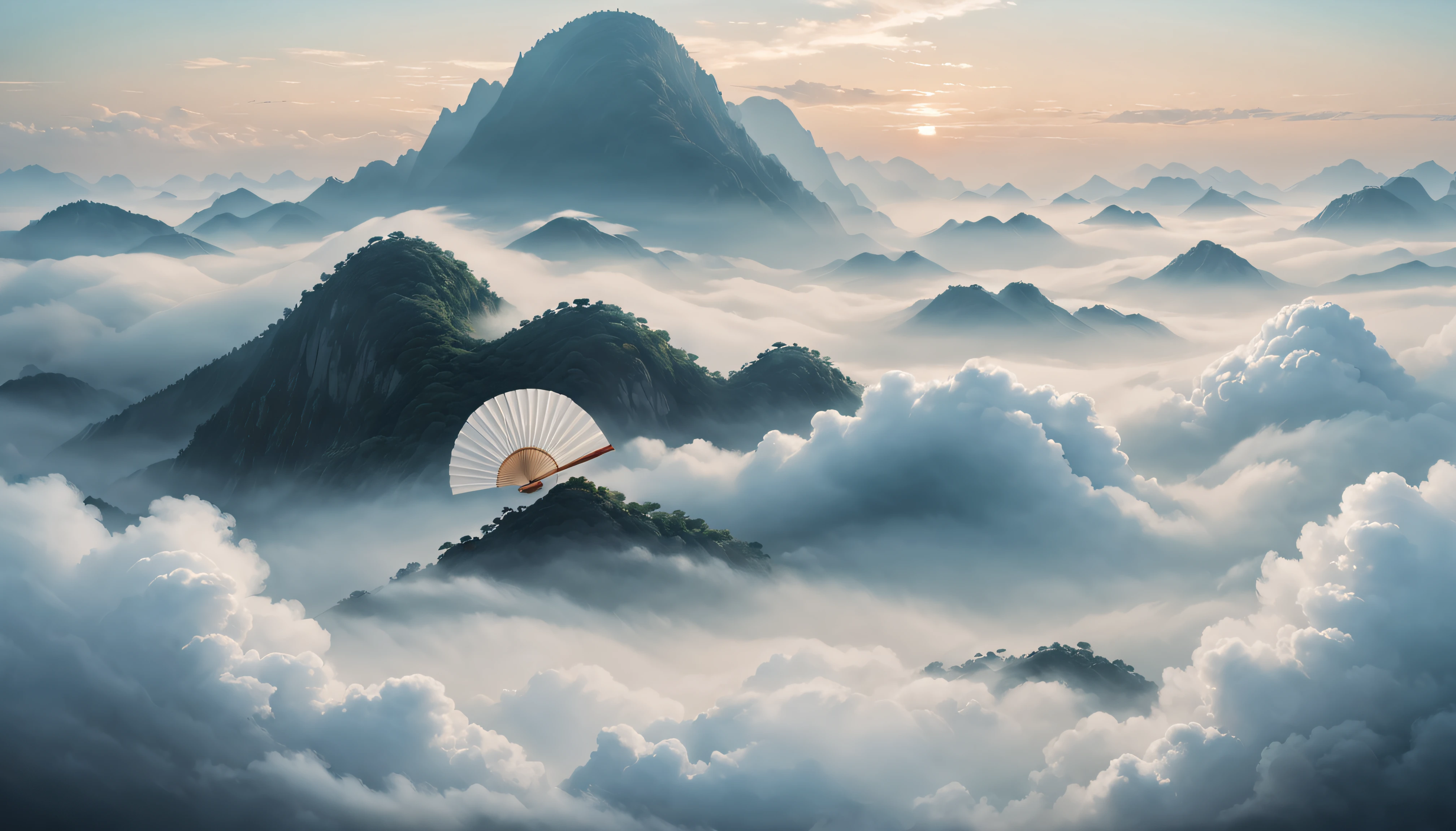Chinese background，You can see the fan faintly，Hazy beauty，Quintessence elements，minimal style，large scene，A calm sea of clouds scene，Contains opera elements，A small number of auspicious cloud patterns，high high quality，optimum，White tones are predominant，Flat viewing angle，ultra-clear，Delicate，Simple