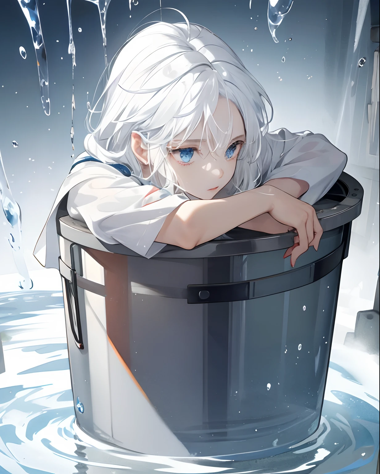 masterpiece /beautiful girl / white hair color
stored in container filled with water/
psycics / hands are flamed up violently