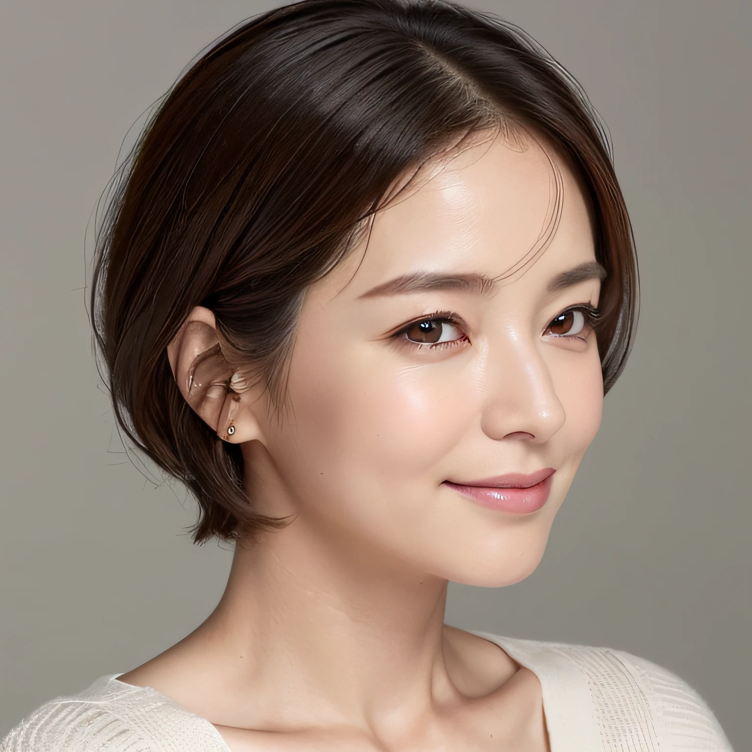 (8K, top-quality, masterpiece:1.3, 超A high resolution, A hyper-realistic), High Detail, (Face like the real thing), Photorealsitic, Raw foto, ((one beautiful women)), Detailed face, beautidful eyes, realisticeyes, Eyes in Beautiful Details, (real looking skin), Beautiful skins, enticing, depth of fields, hight resolution, High pixel count, ((Sideways face, Looking away, Don't look your audience in the eye, Don't look at the camera)), fashionable cafe, The background is also in the picture, clear details, sharp photo, Natural color reproduction, Noise Reduction, High fidelity, Small pendant in silver color, A small necklace in silver color, (Wine-colored light knit U-neck shirt, Neat and clean clothing, Clothing that makes it difficult to see the chest, Clothing that makes it difficult to see the chest, Clothes with hidden boobs), small tits, Sexy lips, Ears are visible, a smile, kindly smile, Beautiful skins, enticing, the golden ratio, (Detal Face:1.2), profetional lighting, Lighting the face, best light, japanes, A Japanese Lady, Japan Mature Woman, a matural female, Short Bob Hair, ((sixty years old, Beautiful, Wrinkles on the face, Wrinkles at the corners of the eyes, Nasolabial fold wrinkles, Small wrinkles, Beautiful, Beautiful Aunt, Moderate moles, Small mole on the face))