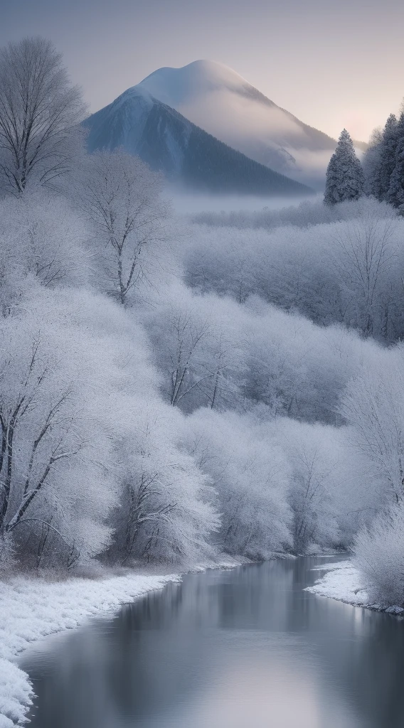 Snow-capped trees and a river in the foreground，The background is a mountain, ryan dyar, winter vibes, marc adamus, author：Matthias Wescher, author：Franz Hergi, Snow, author：Karl Stauffer-Bern, author：Sebastian Spoon, Fog blanket, winter setting, author：Wolfgang Zelmer, magical white fog, beautiful snowy landscape, author：Adrian Zingg