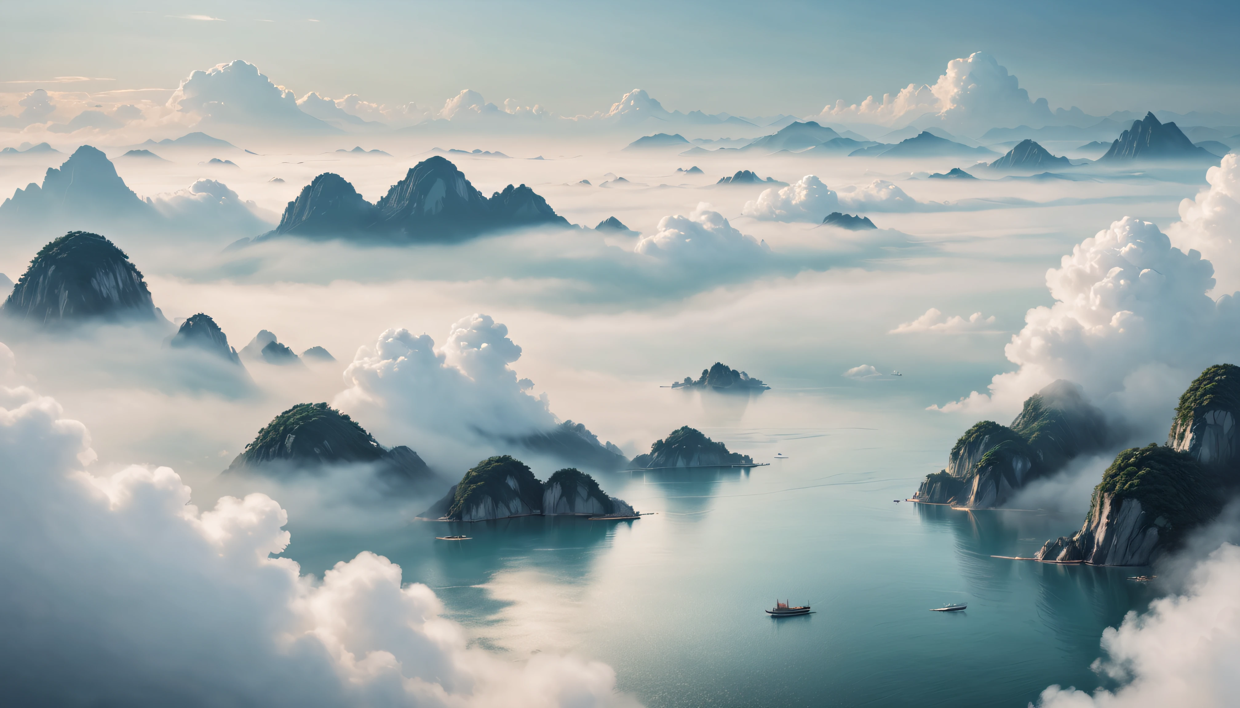Chinese background，You can see the fan faintly，Hazy beauty，Quintessence elements，minimal style，large scene，A calm sea of clouds scene，Contains opera elements，A small number of auspicious cloud patterns，high high quality，optimum，White tones are predominant，Flat viewing angle，ultra-clear，Delicate，Simple