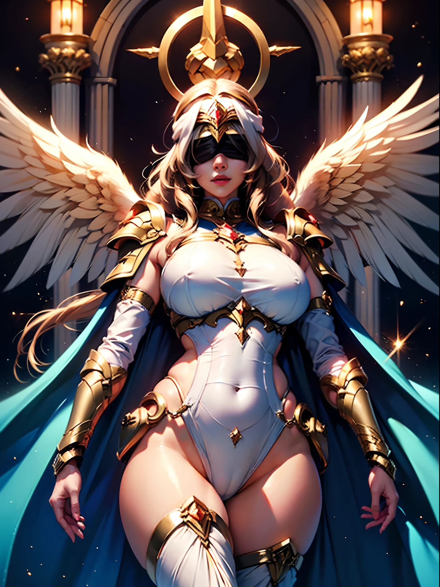 1girl, cowboy shot of a beautiful Goddess of light in the most intricate empress armored-priestess-robe, shiny skin, (((white blindfold))), solemn smile, (golden blonde hair, long wavy hairstyle, divine golden halo : 1.5), (2 pairs of large golden angel wings : 1.6), ((heavy breasts, wide waist and huge buttocks, thigh gap)), looking at viewer, blue portal in the background, (dazzling lighting), masterpiece, best quality, 8k