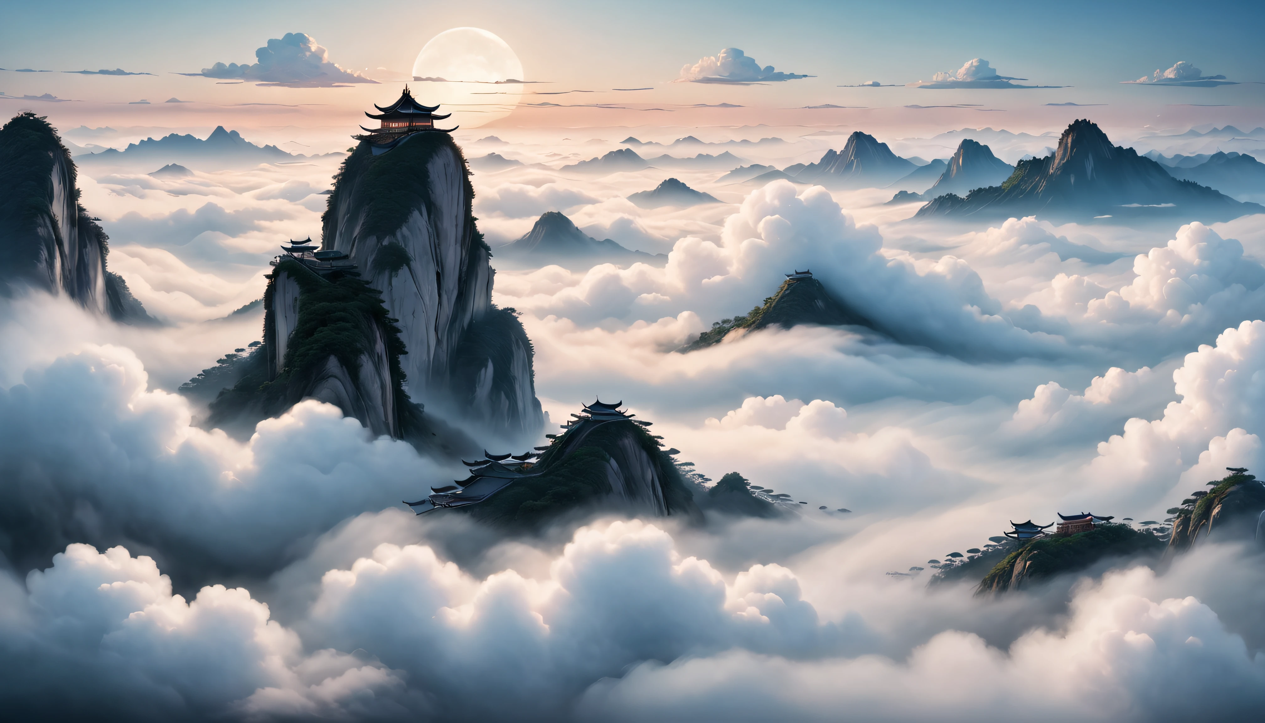 Chinese background,Quintessence,minimal style,large scene,A calm sea of clouds scene,Contains opera elements,A small number of auspicious cloud patterns,high high quality,optimum,White tones are predominant,Flat viewing angle,ultra-clear,Delicate
