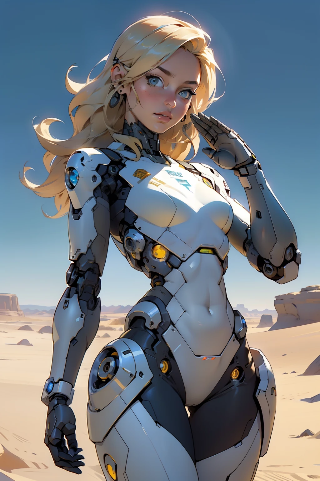 high quality, 4k, masterpiece, beautiful, cyborg girl, cowboy shot, dull eyes, looking at viewer, long blonde hair, girl, small breasts, fit thigh, robotic arms, robotic body, cyborg body, yellow accent, intricate detail, joint, detailed lines, robotic detail, military salute, holding hand up as a military salute, color robotic parts, robotic parts with color, perfect fingers, on a desert planet, sunny background, colorful desert,