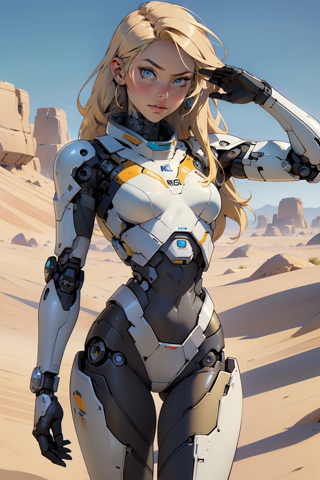 high quality, 4k, masterpiece, beautiful, cyborg girl, cowboy shot, dull eyes, looking at viewer, long blonde hair, girl, small breasts, fit thigh, robotic arms, robotic body, cyborg body, yellow accent, intricate detail, joint, detailed lines, robotic detail, military salute, holding hand up as a military salute, color robotic parts, robotic parts with color, perfect fingers, on a desert planet, sunny background, colorful desert,