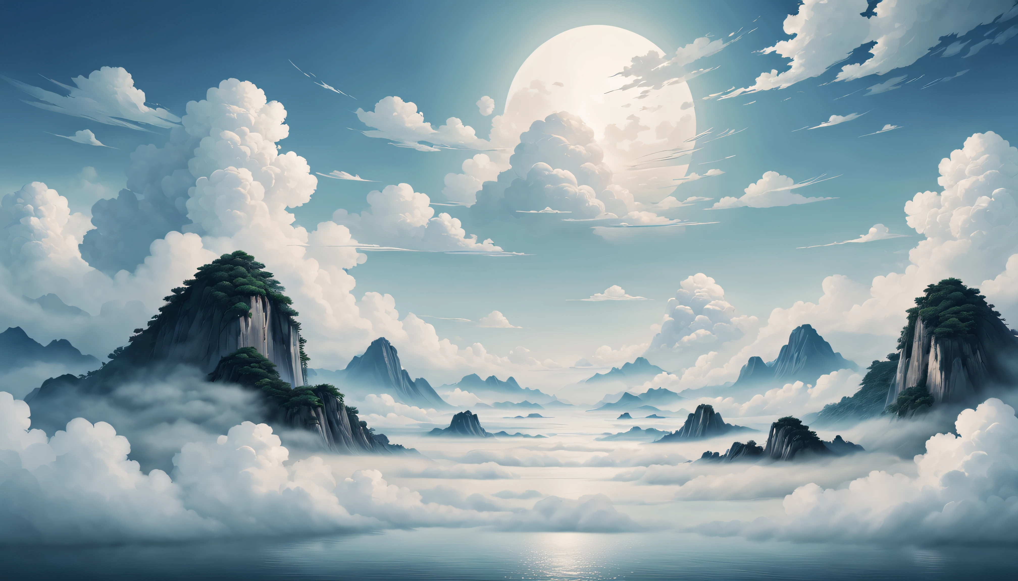 Chinese background，minimal style，large scene，A calm sea of clouds scene，Contains opera elements，A small number of auspicious cloud patterns，high high quality，optimum，White tones are predominant，Flat viewing angle，ultra-clear，Delicate