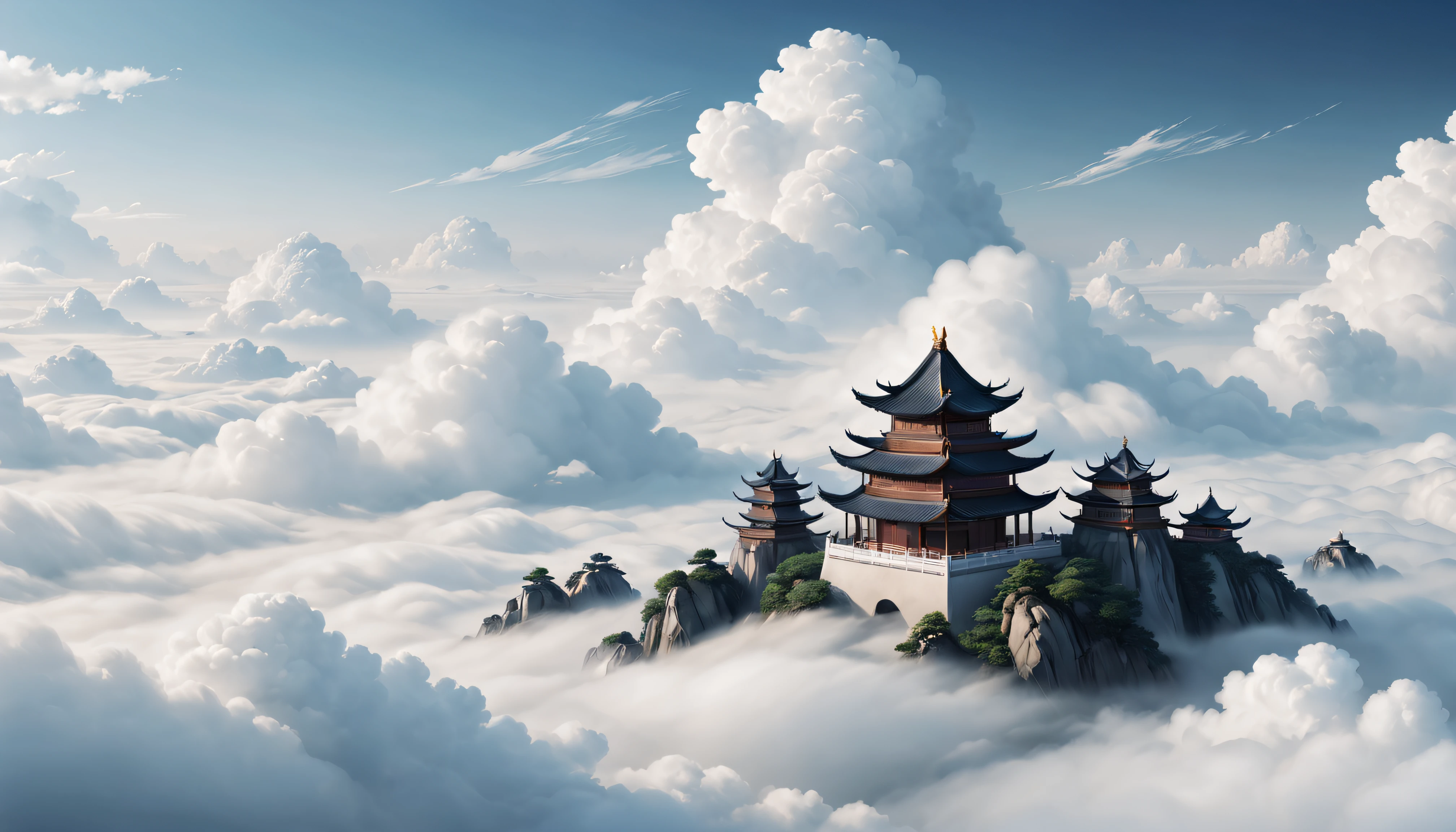 The game scene, the ancient Chinese palace is located above the clouds, Nantianmen, surrounded by clouds and mist, majestic, glazed tiles, Buddha statues, colorful rays of light, ((color ink)), ((splash ink)), (((splash ink))), masterpiece , high quality, beautiful graphics, high detail --v 6