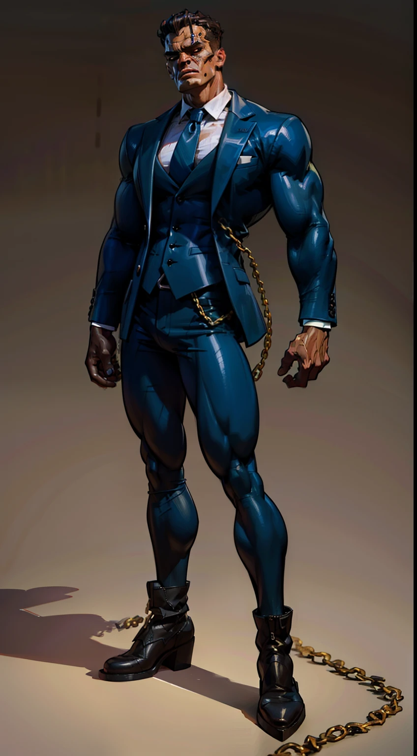 Frankenstein monster, ((dark blue skin)), colored skin, muscular, masterpiece, full body view, distressed black business suit, open white shirt, oversized brown boots, angry face, bolts on each side of neck, chains around a wrists, standing monstrous