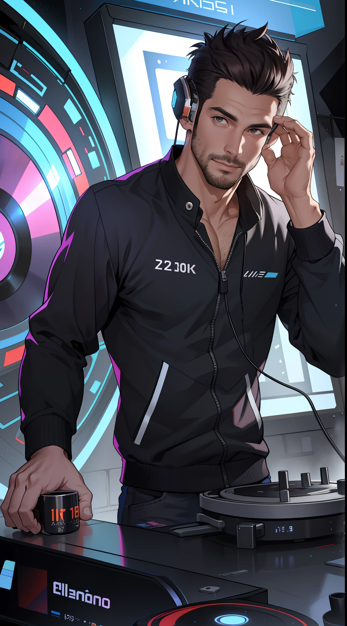 (8k, Max Quality, La mejor calidad, Obra maestra, Altamente detallado: 1.2), man, parte de todo el cuerpo, 30 years old, pinchadiscos, Sin auriculares, escrito RAFFB en blusa