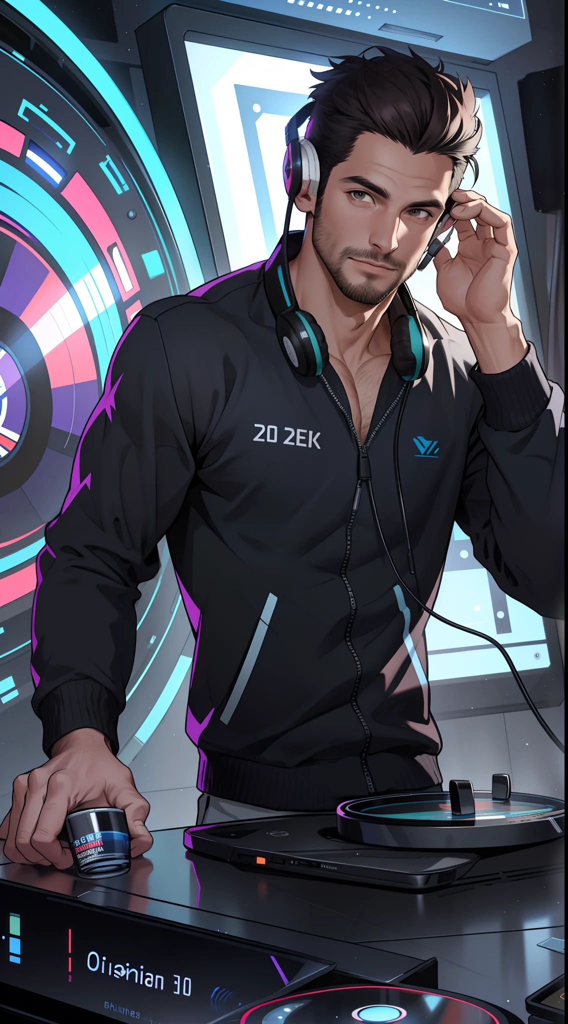 (8k, Max Quality, La mejor calidad, Obra maestra, Altamente detallado: 1.2), man, parte de todo el cuerpo, 30 years old, pinchadiscos, Sin auriculares, escrito RAFFB en blusa