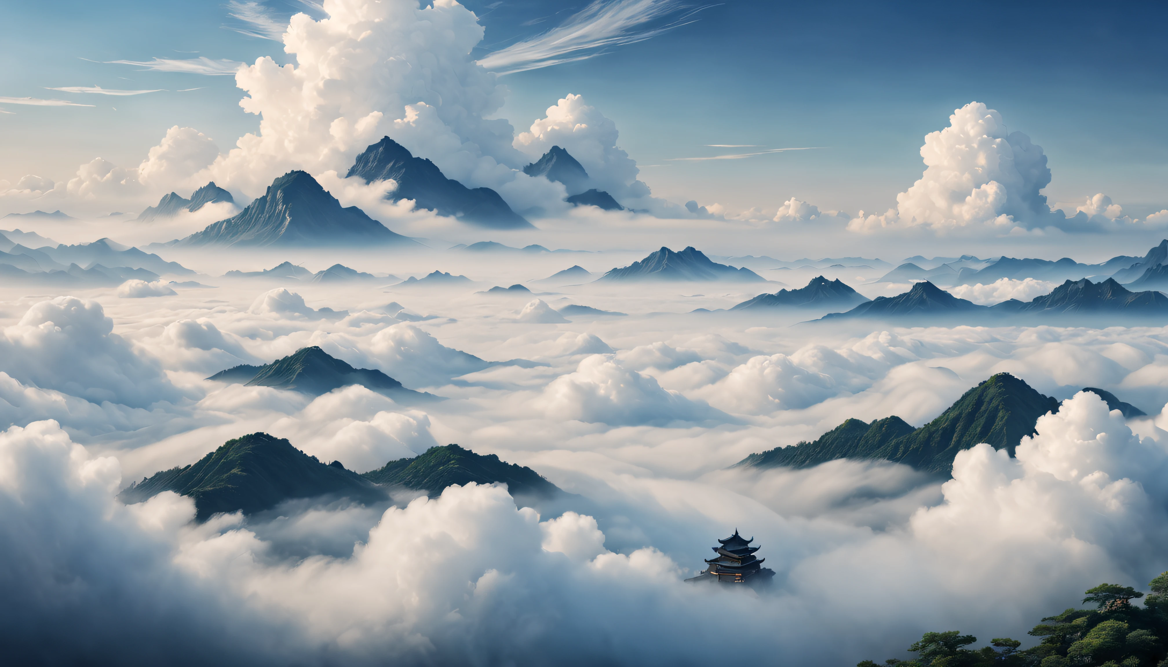China-style,minimal style,large scene,A calm sea of clouds scene,Contains opera elements,A small number of auspicious cloud patterns,high high quality,optimum,White tones are predominant,Flat viewing angle,ultra-clear,Delicate