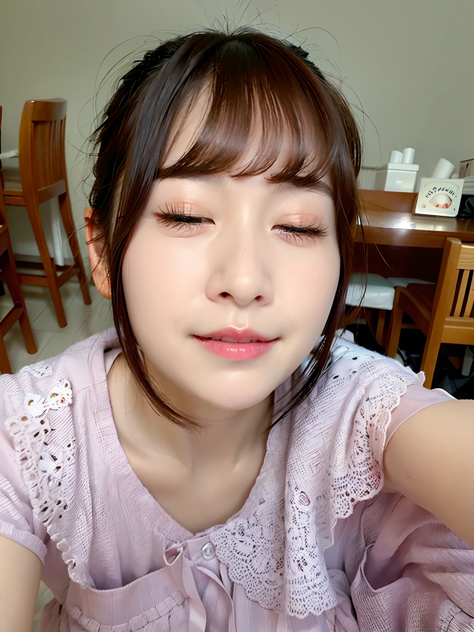 (Facial close-up:1.4),kissing face, 1girl, self-taken picture, selfie, there is a woman with her eyes closed and her eyes closed, clear cute face, wan adorable korean face, squinting with cute - fine - face, sleepy expression,