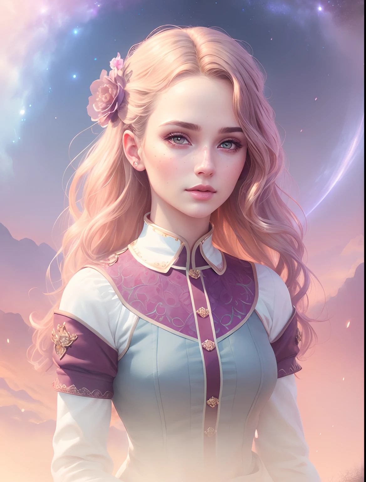 (realistic:1.3), finely detailed, quality, , (masterpiece:1.2), (photorealistic:1.2), (best quality), (detailed skin:1.3), (intricate details), dramatic, ray tracing, 1girl, american white girl, maroon and purple combination blended colors of hair, modest, looking at viewer, slight smile, Looking at viewer, wispy clothes, Hazel eyes, rosey cheeks, Soft features, half-body view, detailed, brunette hair, pretty woman, cinematic lighting, celestial design, highly detailed, digital painting, smooth, sharp focus, by Tom Bagshaw